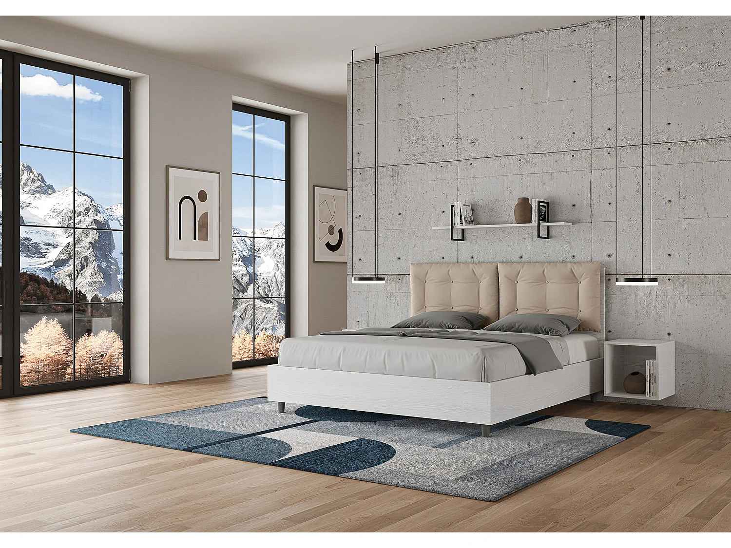 Lit queen size sans sommier 160x200 frêne blanc coussins similicuir taupe Egos Annalisa