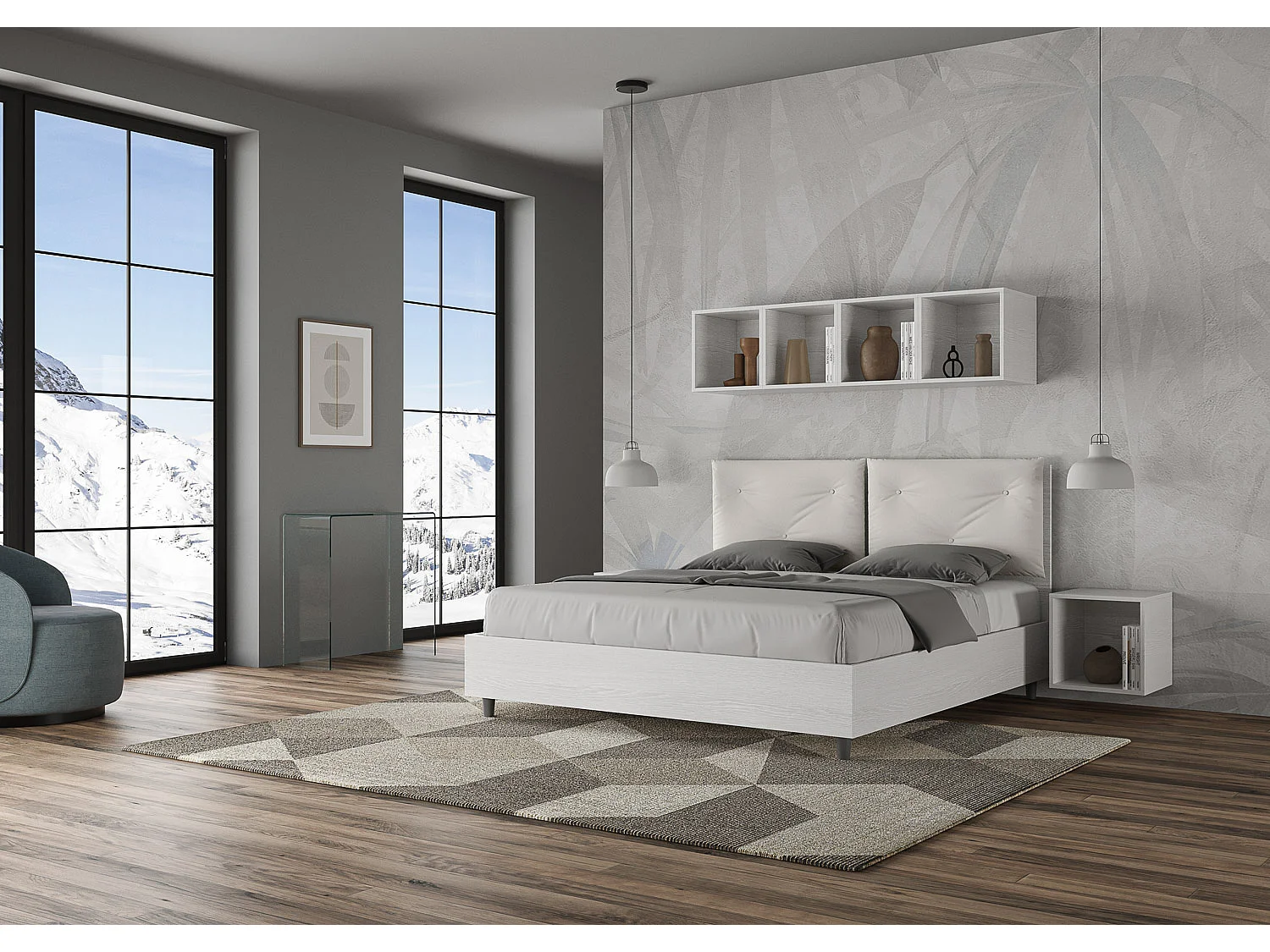 Lit queen size coffre 160x200 frêne blanc coussins similicuir blanc Egos Appia