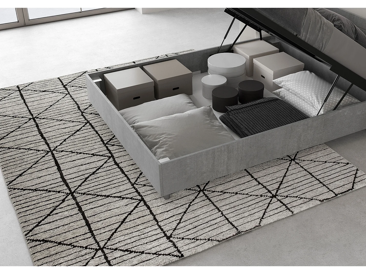 Letto matrimoniale francese contenitore 140x200 testata inclinata con doghe cemento Ankel