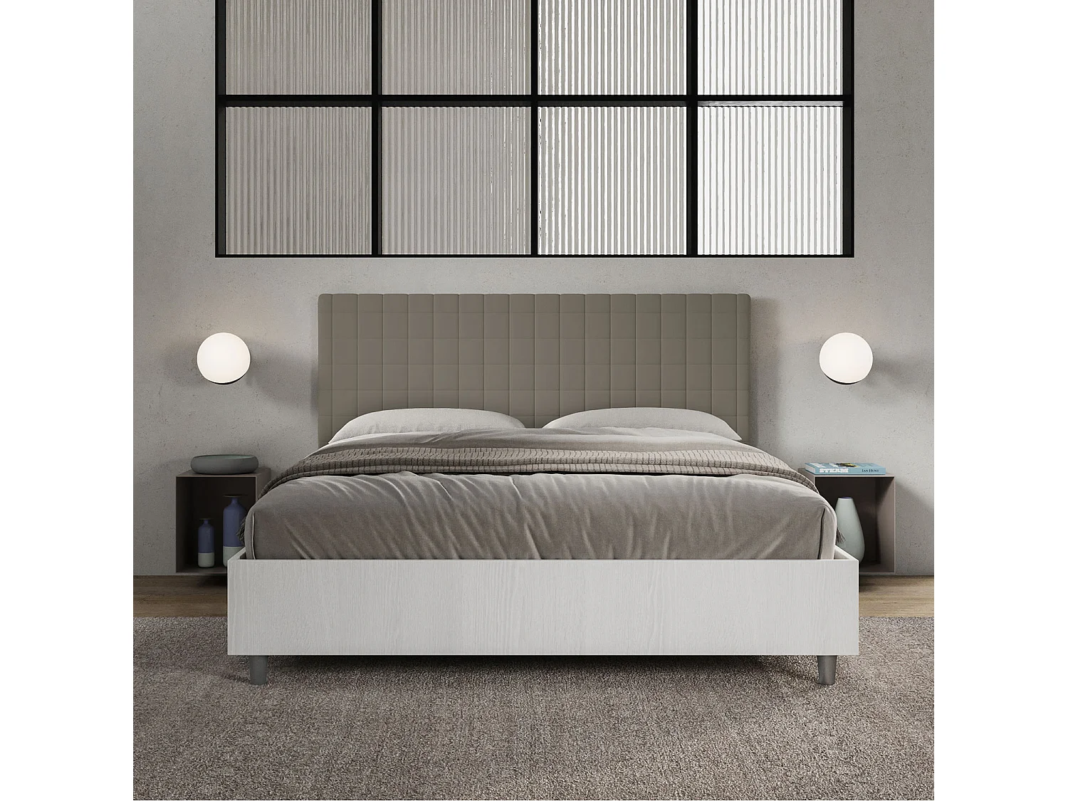 Cama con almacenaje 160x190 estructura fresno blanco cabecero cuero sintético capuchino Burmy