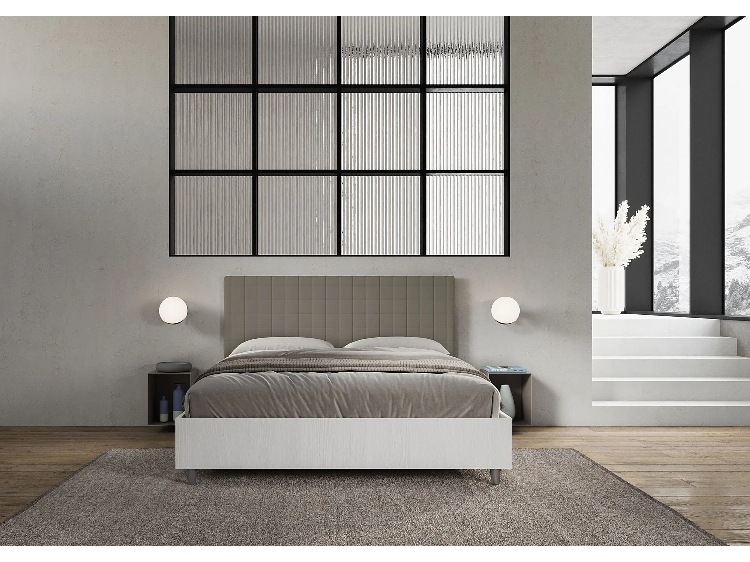 Cama con almacenaje 160x190 estructura fresno blanco cabecero cuero sintético capuchino Burmy
