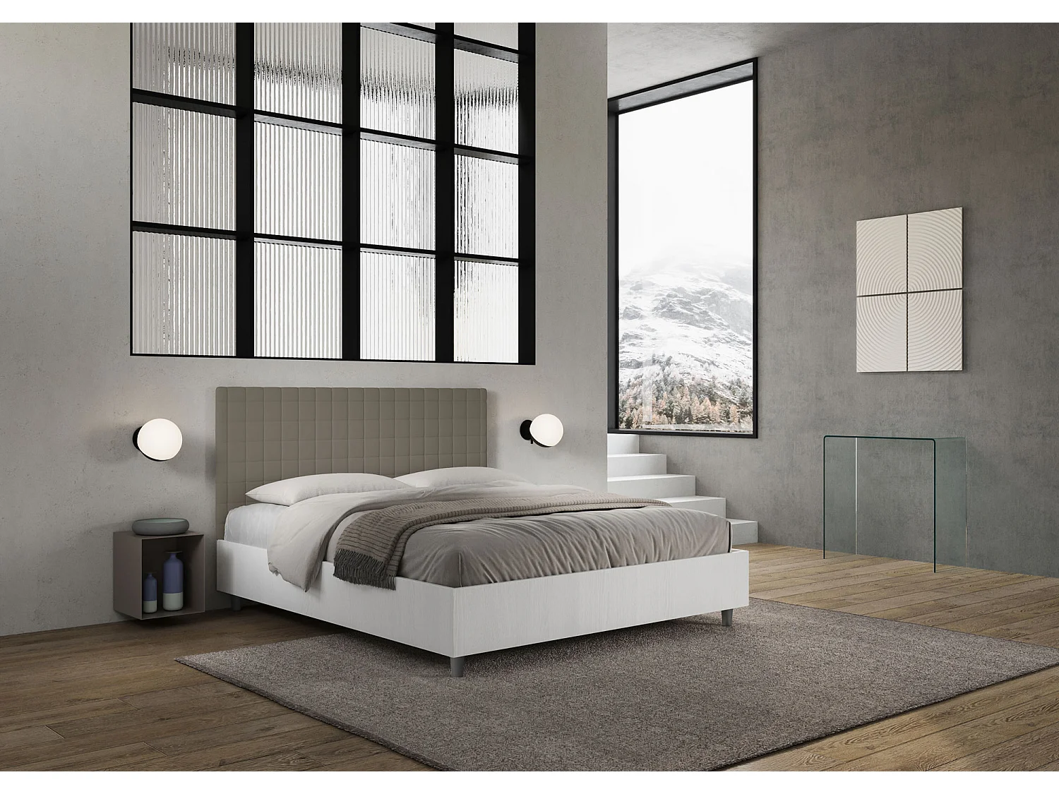 Cama con almacenaje 160x190 estructura fresno blanco cabecero cuero sintético capuchino Burmy