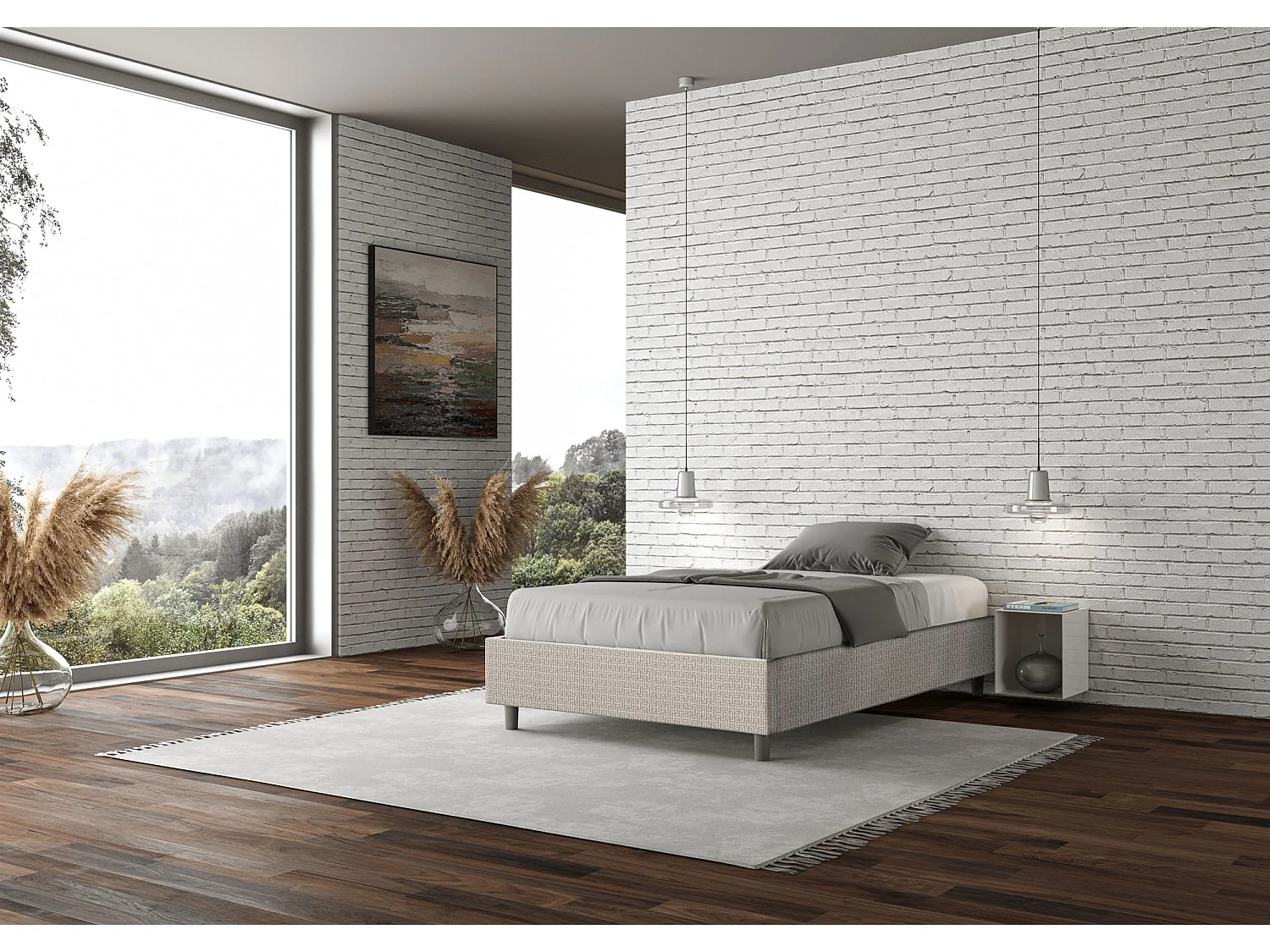 Cama de una plaza y medio con almacenaje acolchada sin cabecero 120x190 tejido Labirinto 1 blanco Azelia