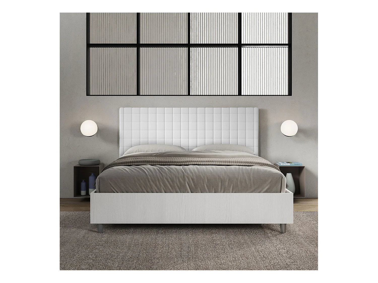 Lit coffre 160x200 structure frêne blanc tête de lit similicuir blanc Burmy