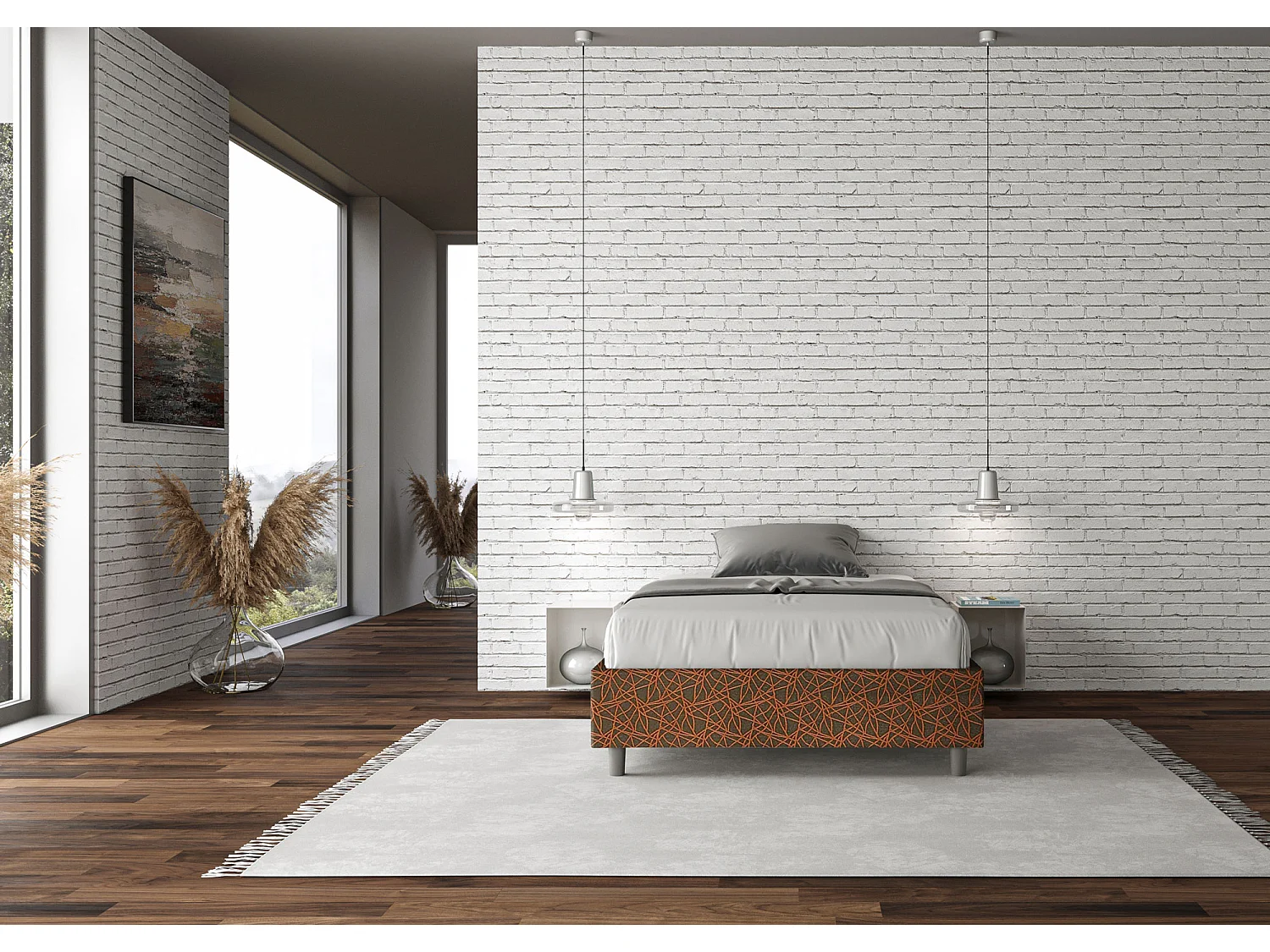Cadre de lit 1 place et demi coffre rembourré 120x210 tissu Era 4 orange Azelia