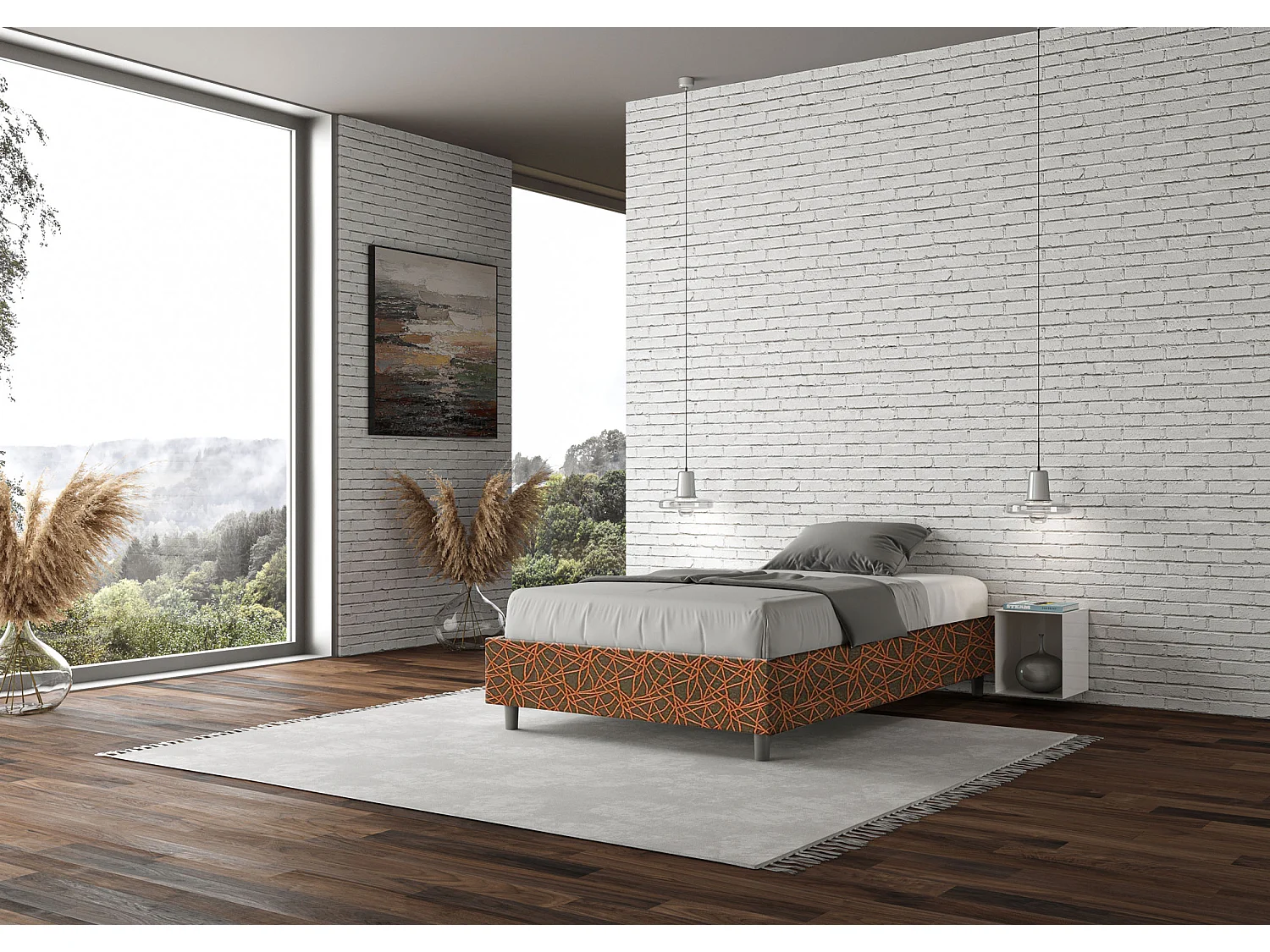 Cadre de lit 1 place et demi coffre rembourré 120x210 tissu Era 4 orange Azelia