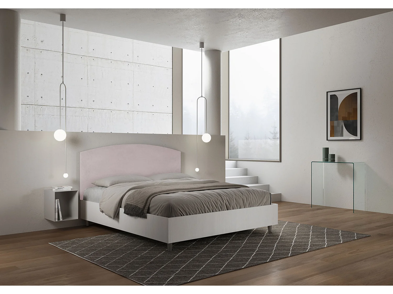 Cama contenedor 160x190 estructura de fresno blanco con cabecero de melamina/microfibra glicina Antilia