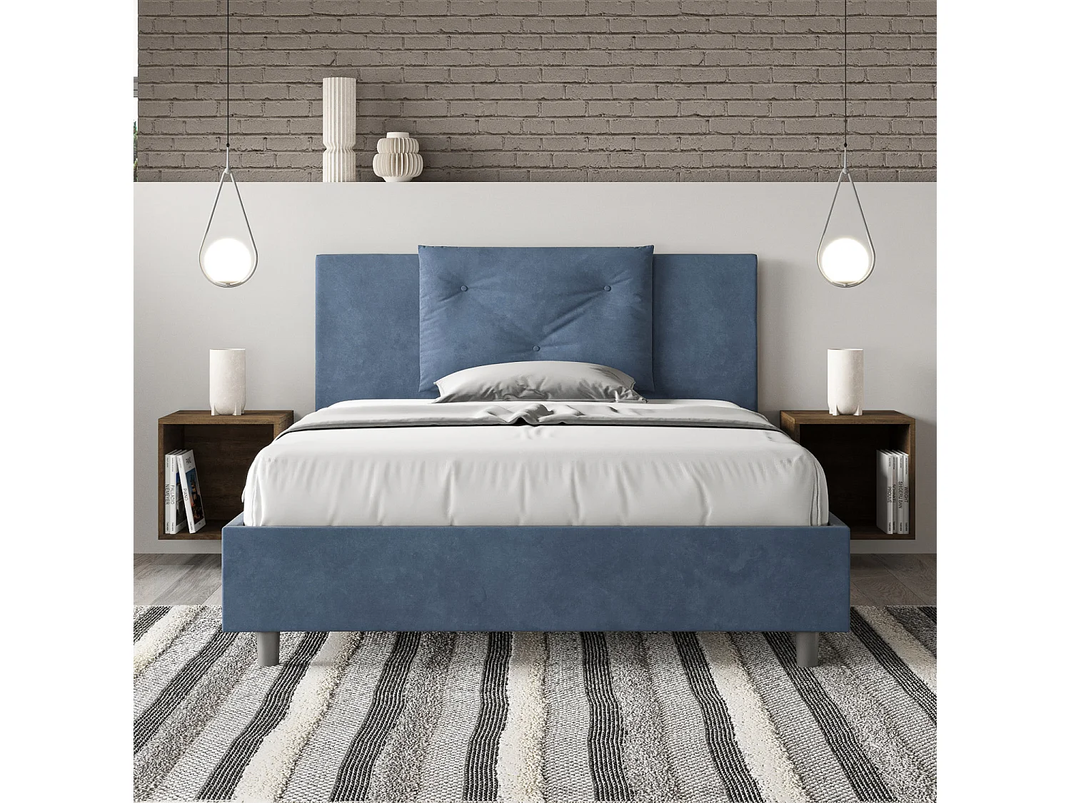 Lit double coffre rembourré 140x210 microfibre bleu Appia