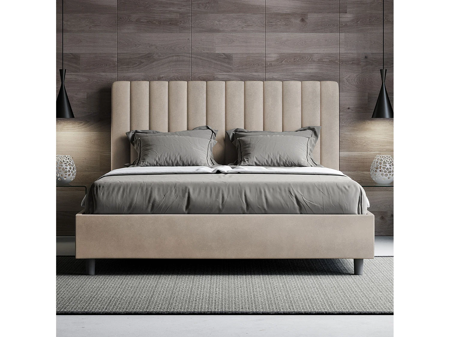 Letto contenitore imbottito 160x190 microfibra sabbia Agueda