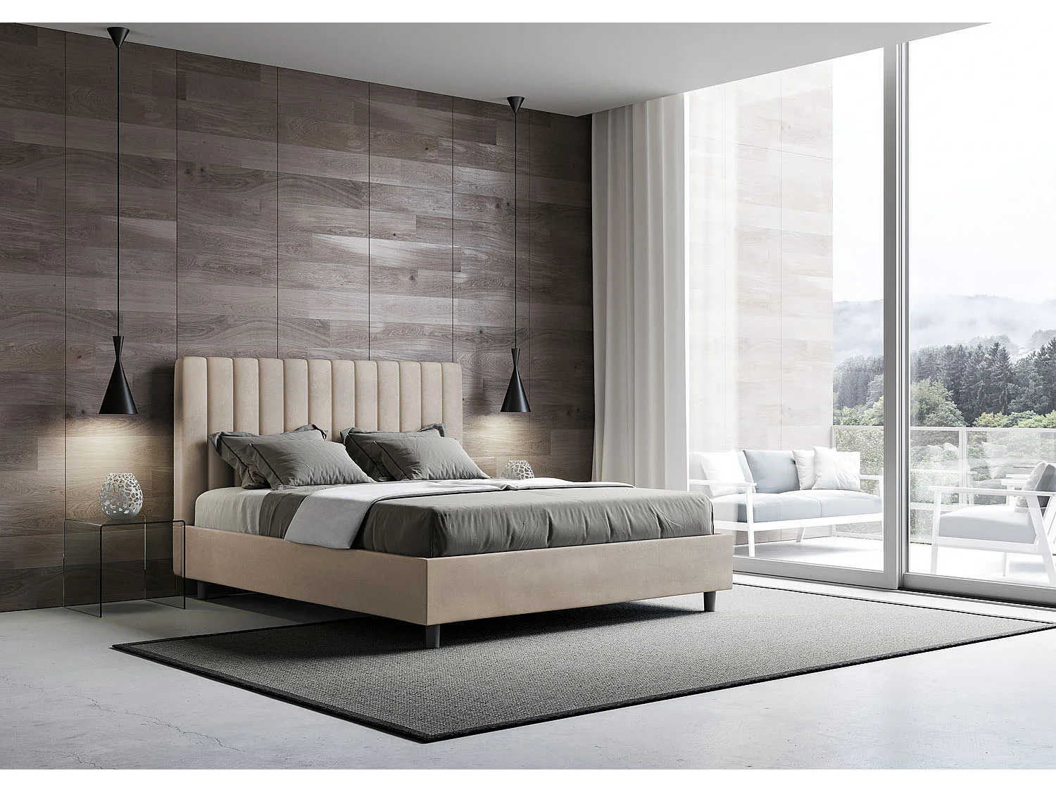 Letto contenitore imbottito 160x190 microfibra sabbia Agueda