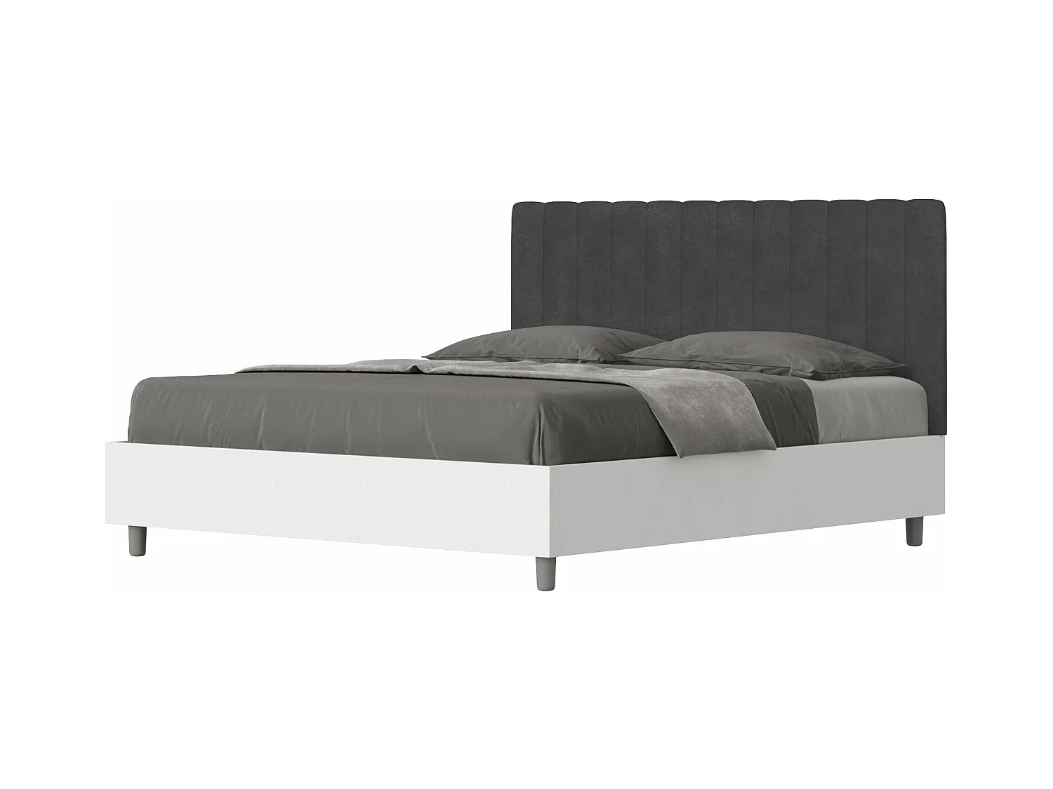 Lit coffre 160x200 structure frêne blanc tête de lit microfibre gris Kaia
