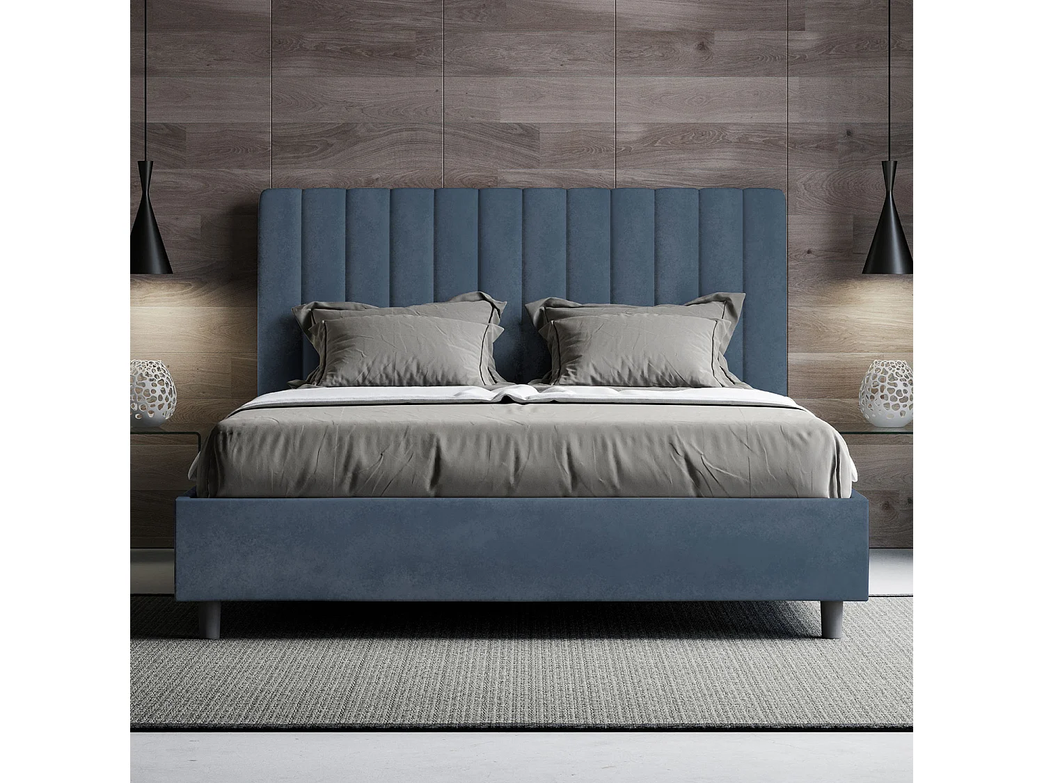 Letto contenitore imbottito 140x200 microfibra blu Agueda