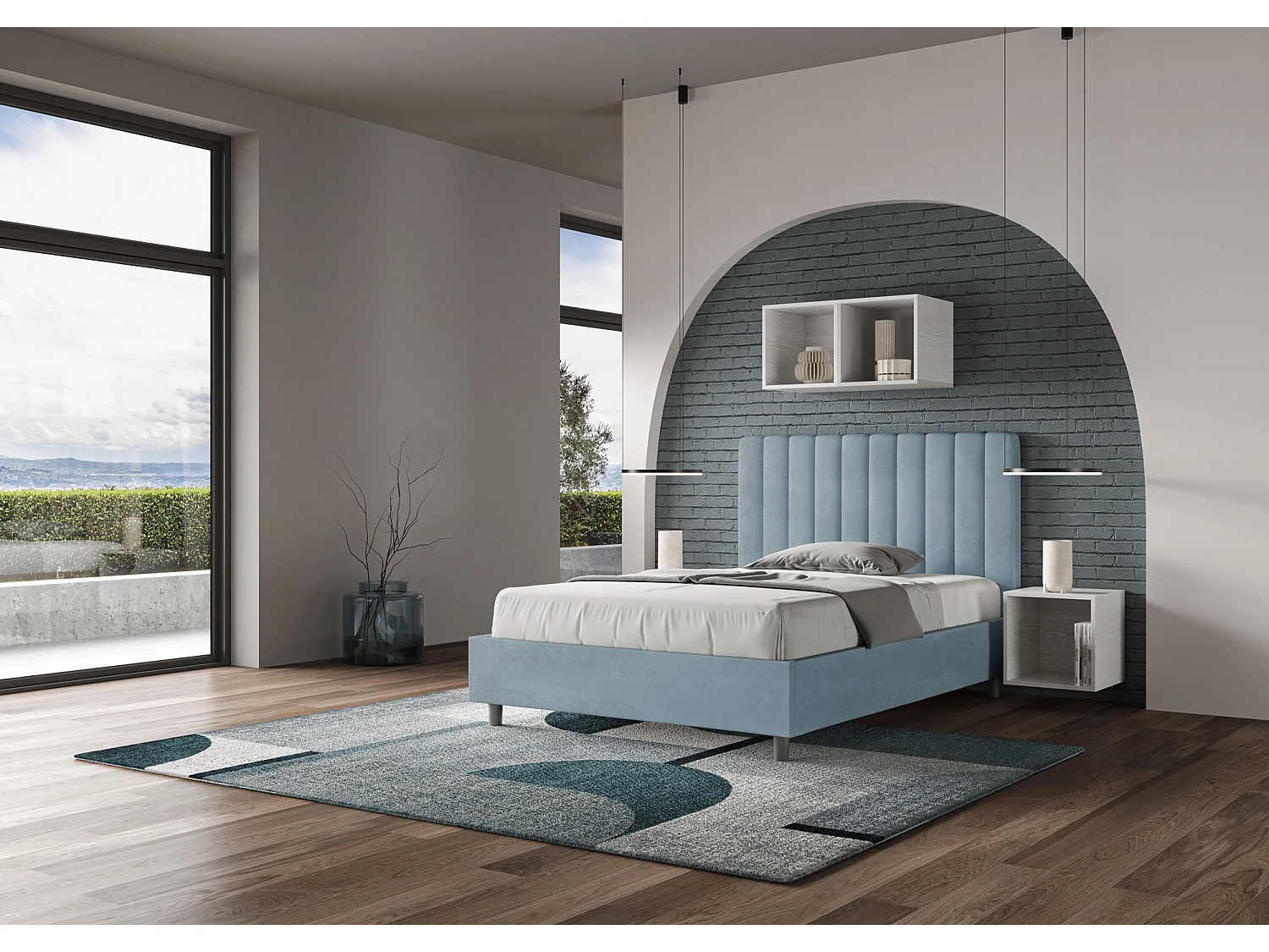 Lit 1 place et demi coffre rembourré 120x200 microfibre bleu clair Agueda