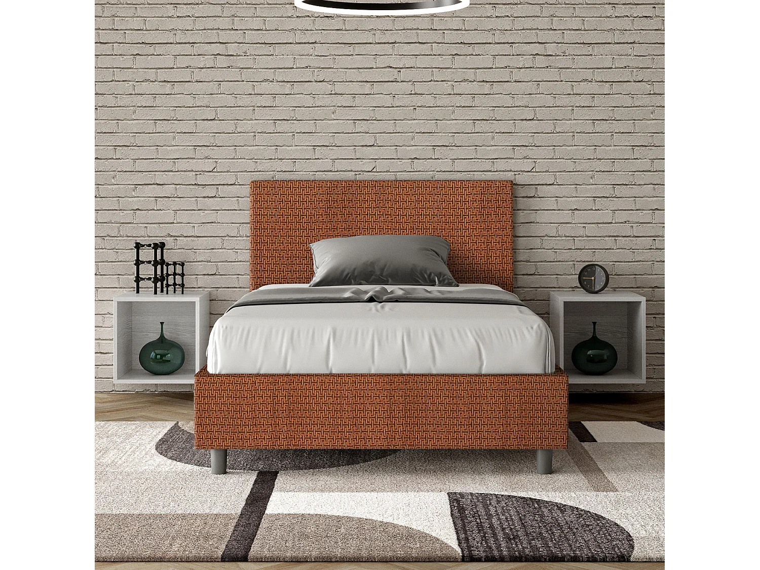 Letto una piazza e mezza contenitore imbottito 120x200 tessuto Labirinto 4 arancio Adele