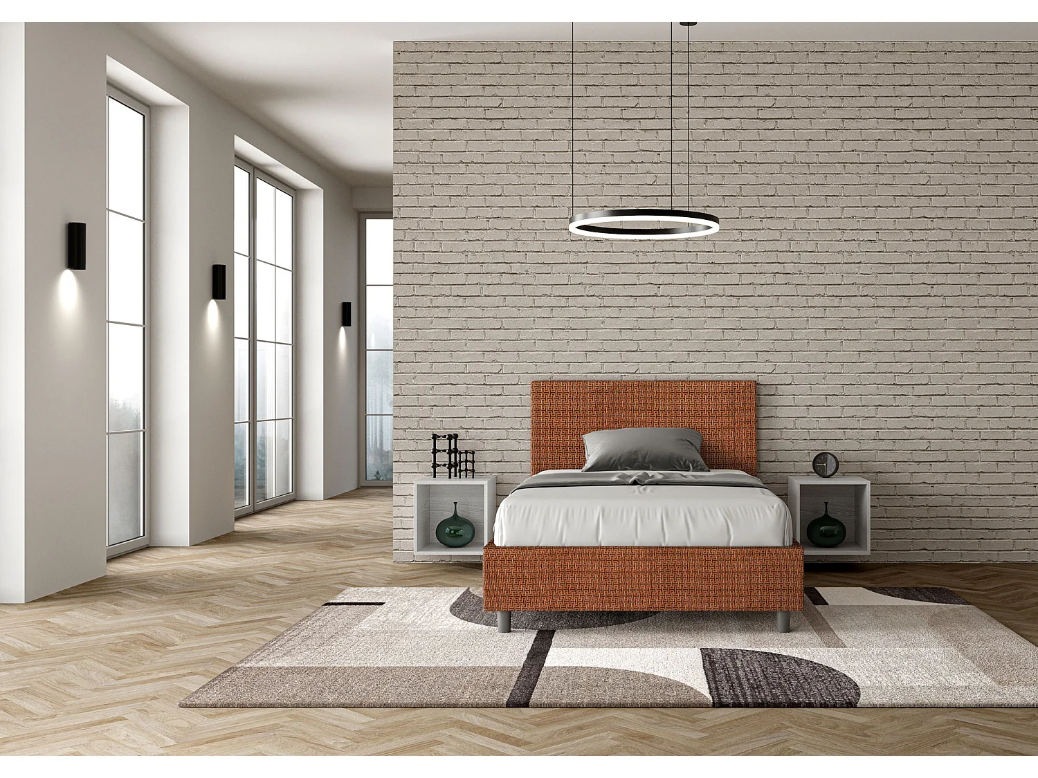 Lit 1 place et demi coffre rembourré 120x200 tissu Labirinto 4 orange Adele