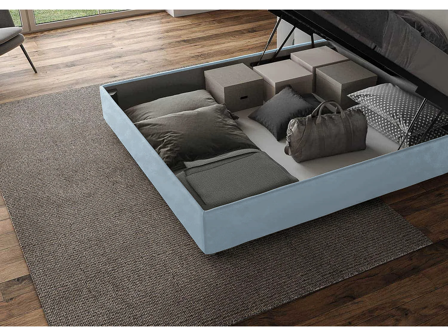 Letto contenitore imbottito 160x190 microfibra azzurro Antea