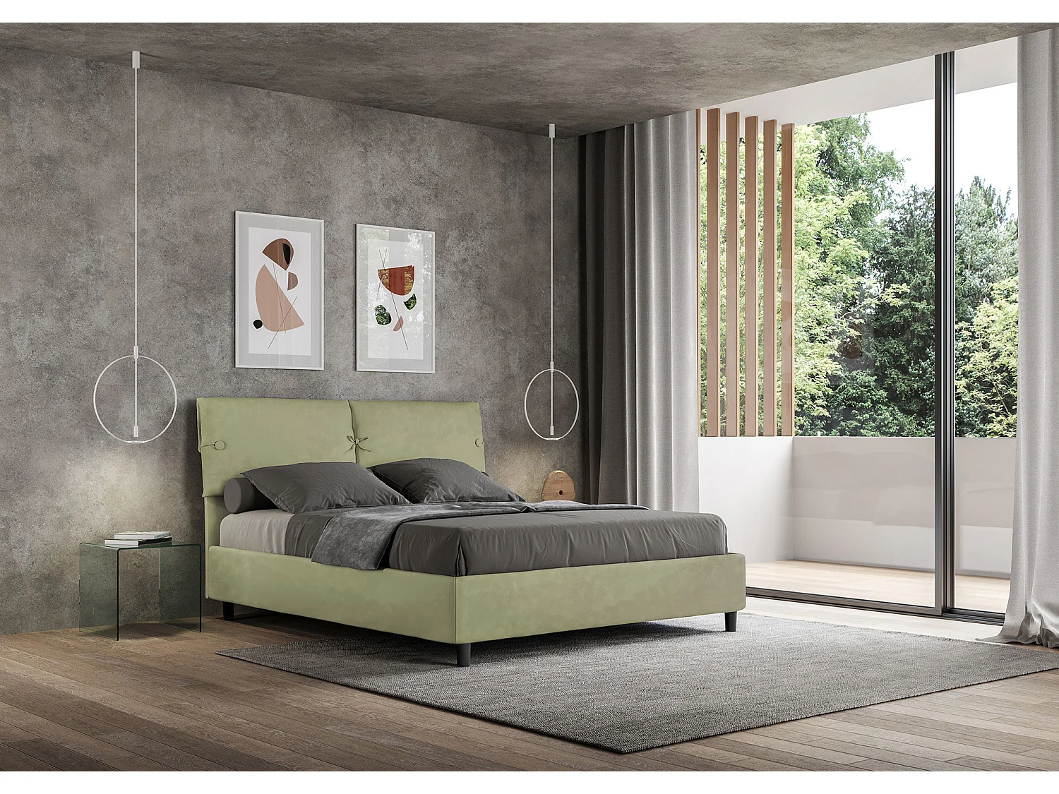 Łóżko wyposażone w stelaż z listwami z pojemnikiem tapicerowane 160x190 microfibra Zielony Sleeper