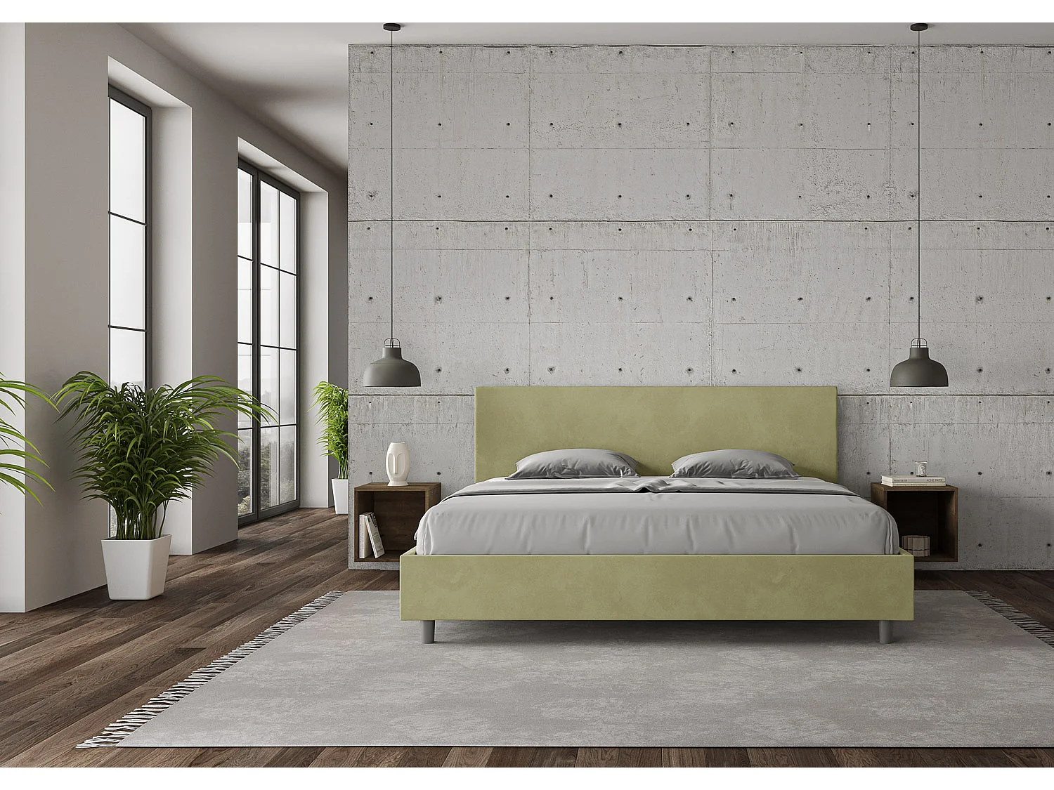 Cama matrimonial con almacenaje acolchada 200x210 microfibra verde Adele
