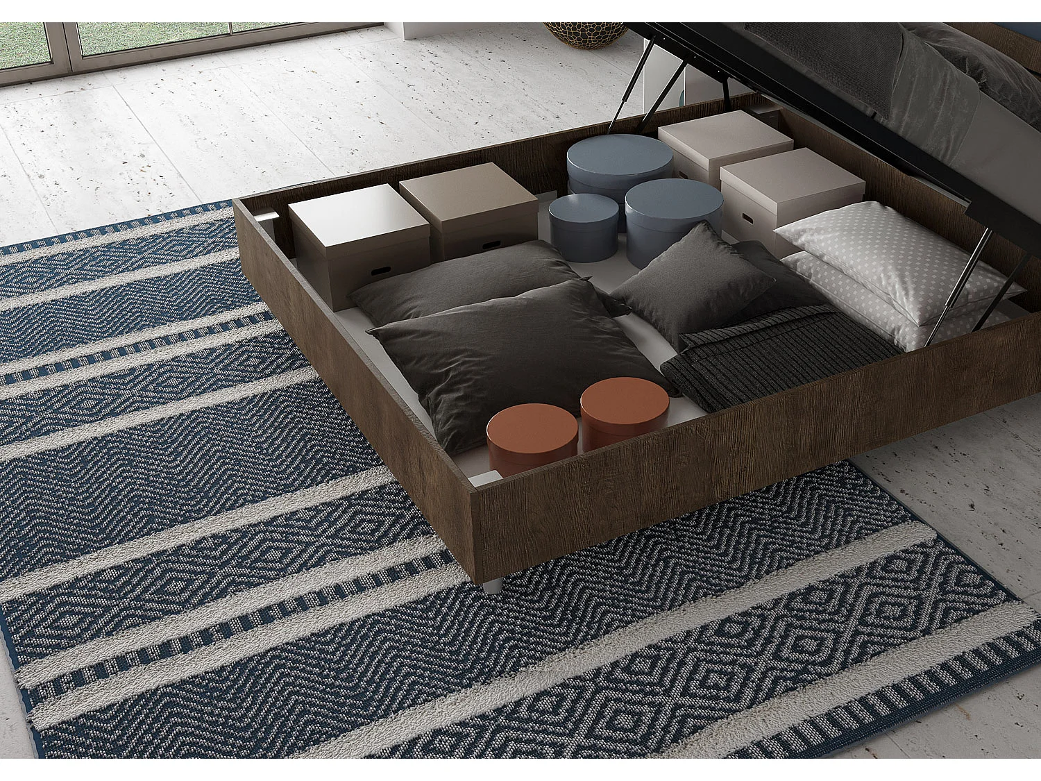 Cama arrumação 160x200 com cabeceira inclinada com ripas de nogueira Ankel