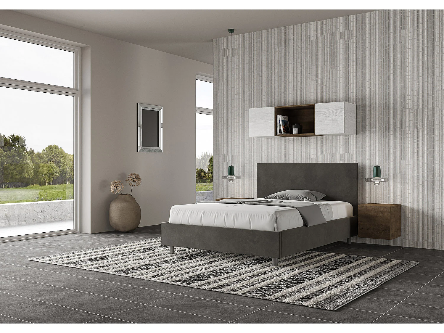 Lit double coffre rembourré 140x200 microfibre gris Adele