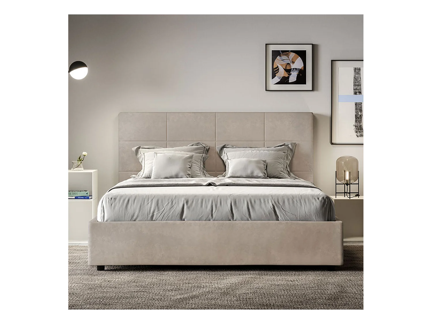 Lit coffre rembourré 160x210 microfibre sable Mika