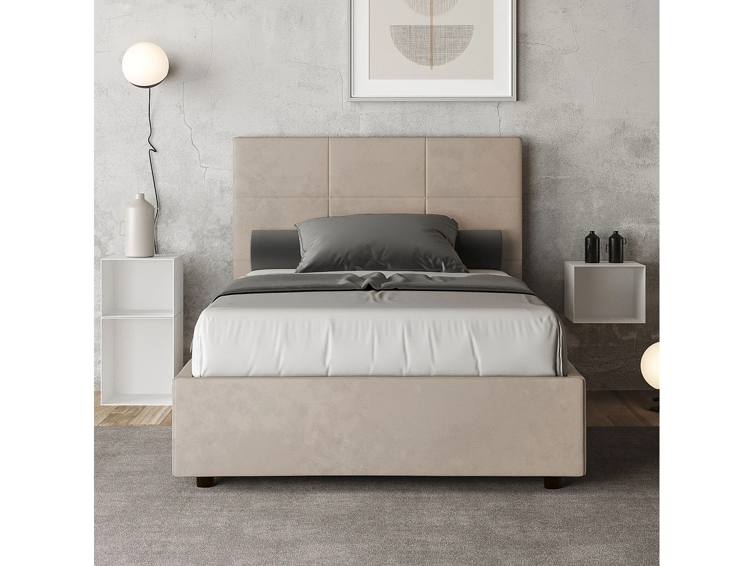 Cama de una plaza y medio con almacenaje acolchada 120x190 microfibra arena Mika