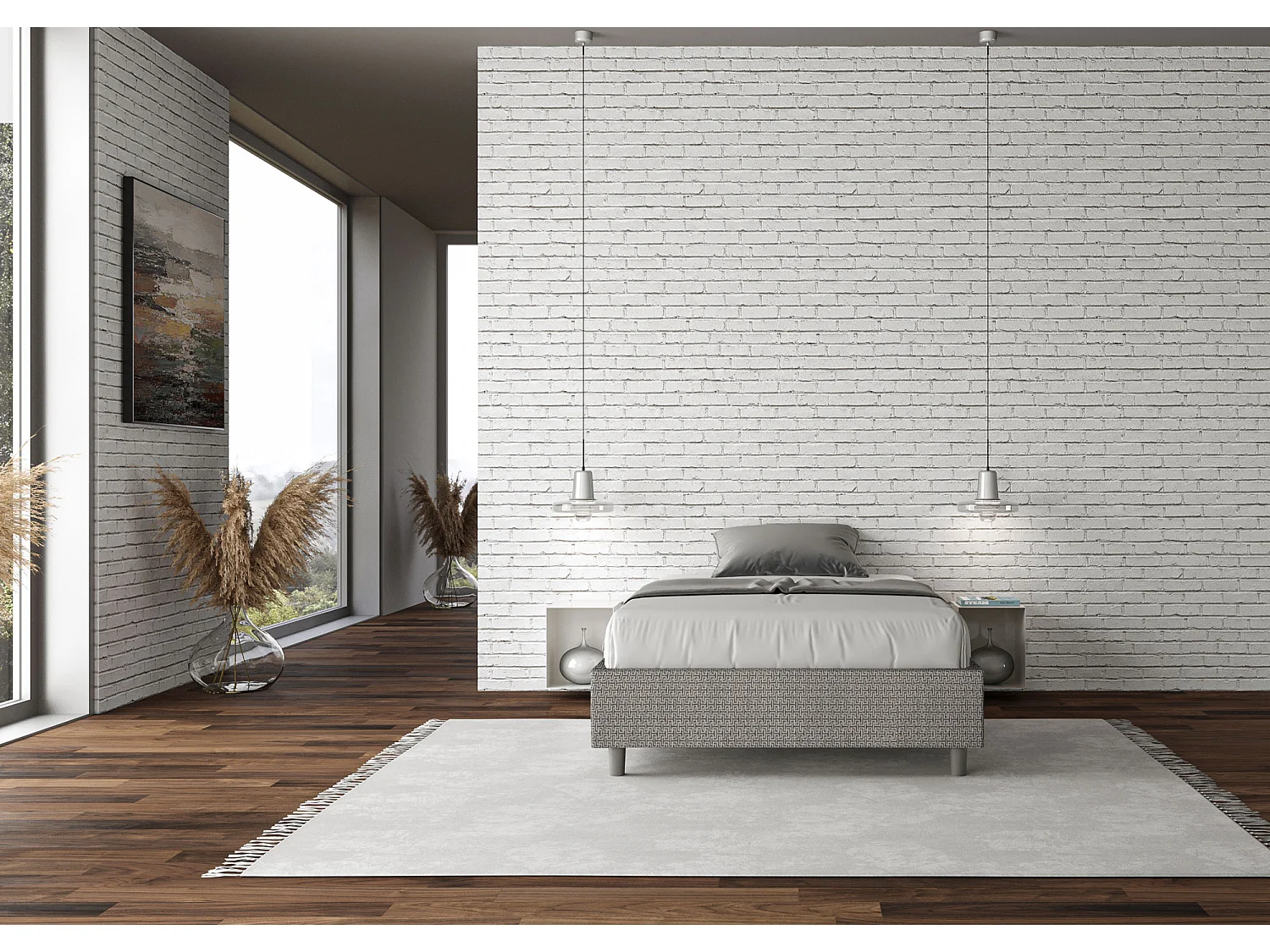 Cadre de lit 1 place et demi coffre rembourré 120x190 tissu Labirinto 2 gris Azelia