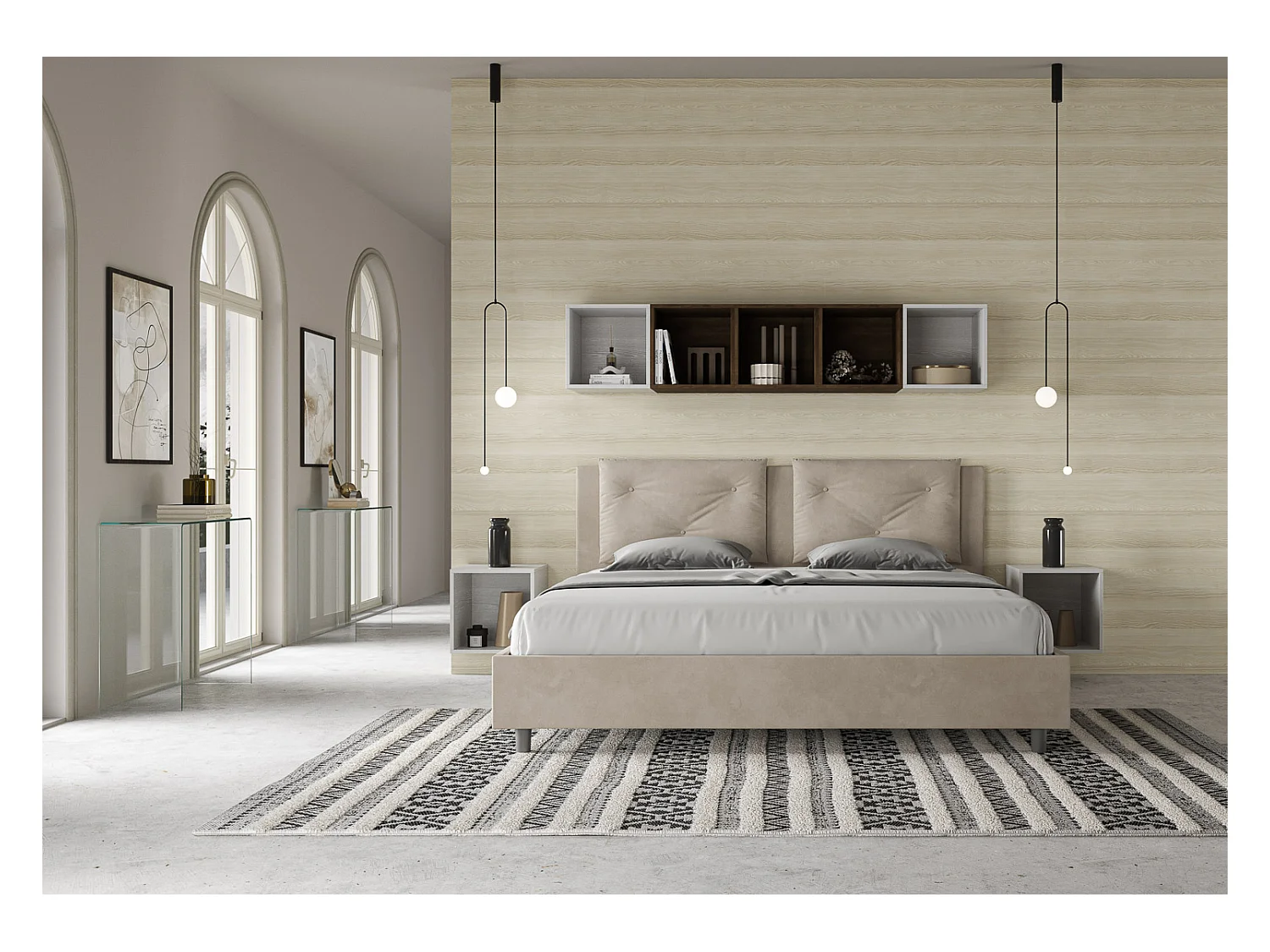 Lit king size coffre rembourré 200x210 microfibre sable Appia