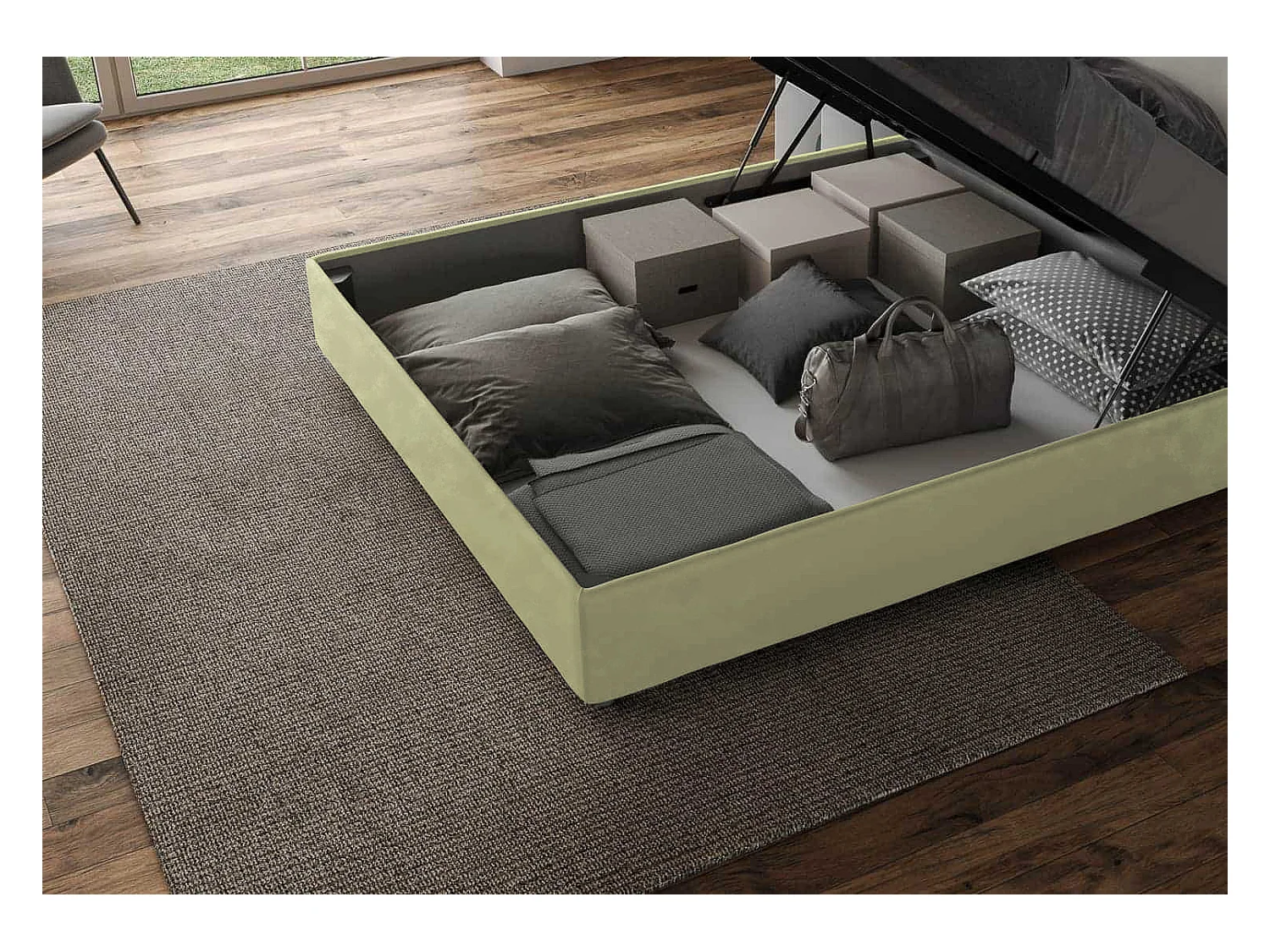 Letto contenitore imbottito 160x190 microfibra tè verde Appia