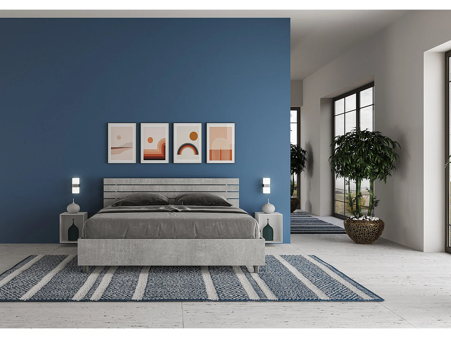 Lit coffre 160x200 tête de lit inclinée avec des lames gris béton Ankel