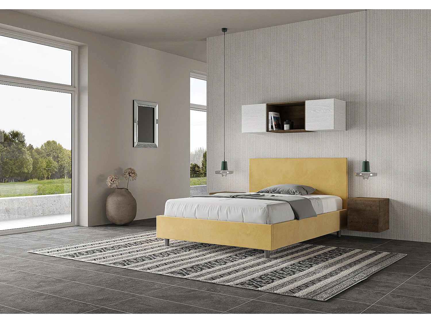 Gepolstertes Bett mit Bettkasten 140x210 mit Mikrofaserbezug Ocker Adele