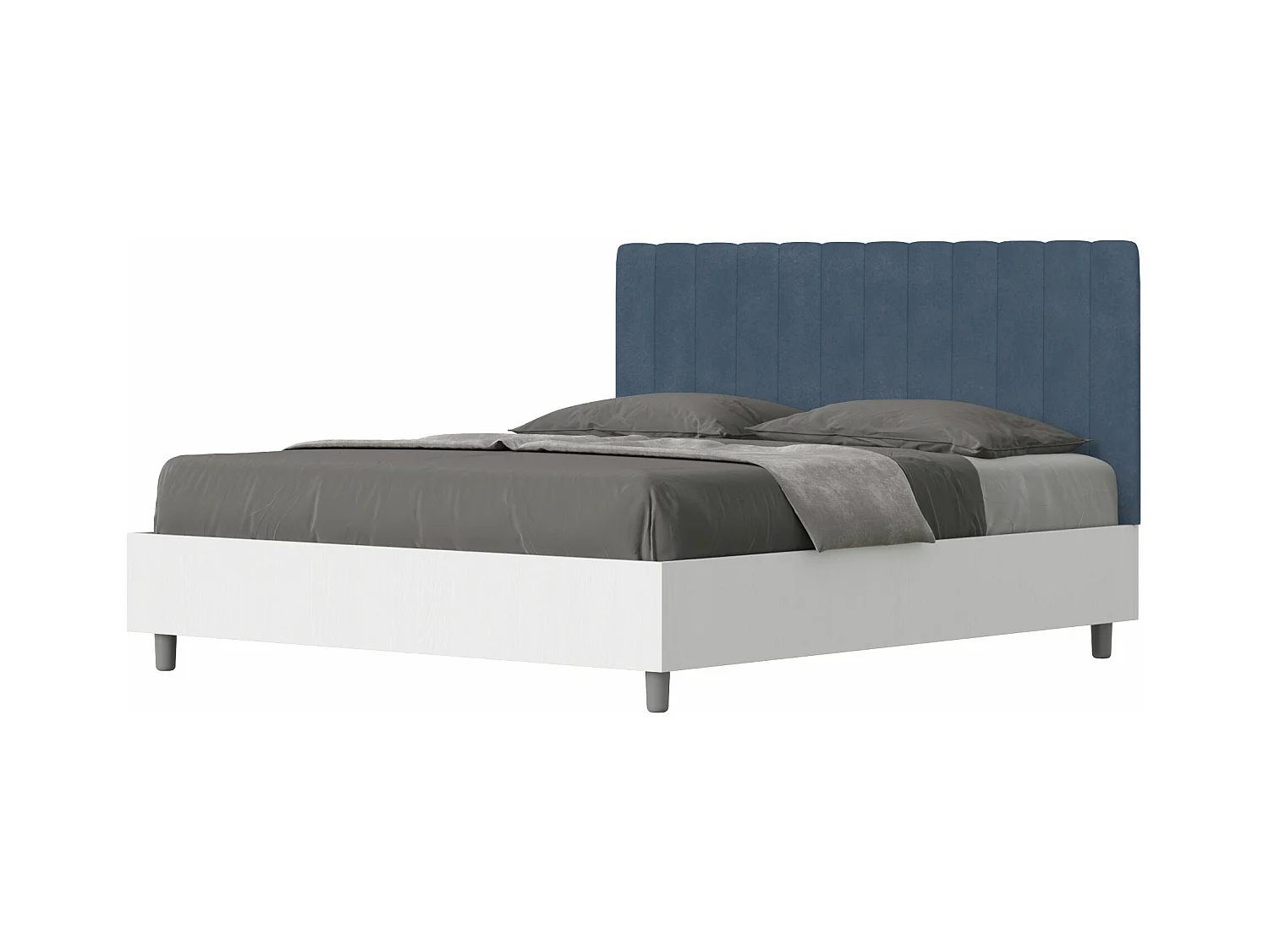 Lit coffre 160x200 structure frêne blanc tête de lit microfibre bleu Kaia