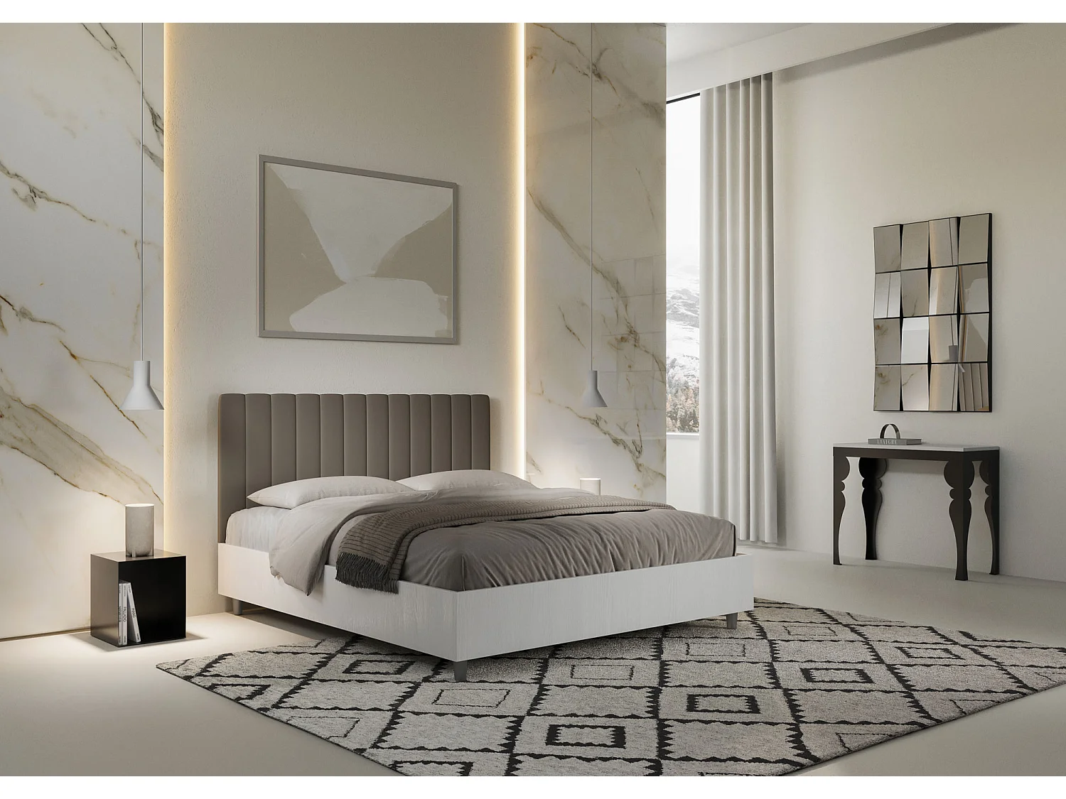 Cama contenedor 160x190 Cabecero estructura fresno blanco Melamina/símil piel capuchino Kaia