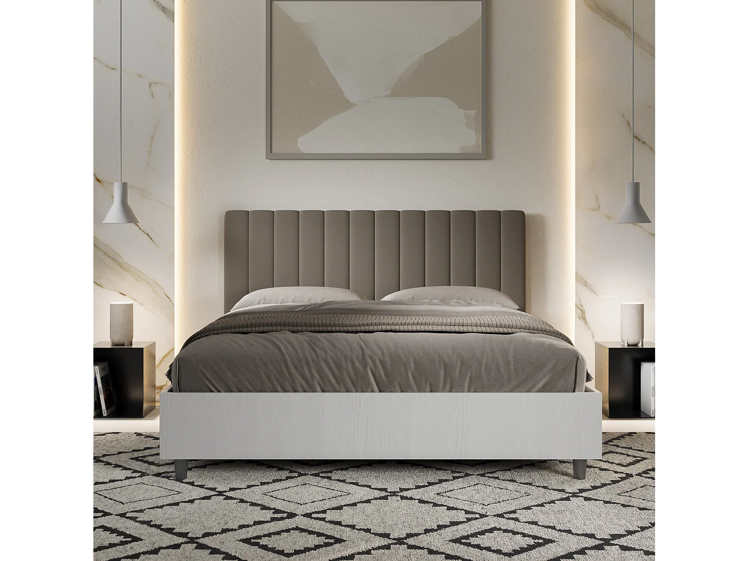 Letto contenitore 160x190 struttura bianco frassino testata Nobilitato/Similpelle cappuccino Kaia
