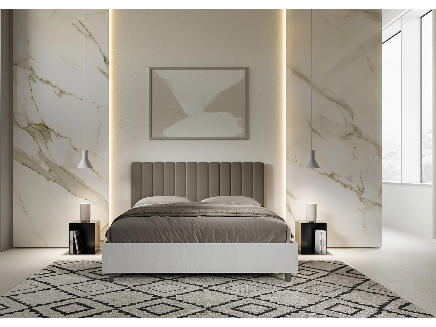 Letto contenitore 160x190 struttura bianco frassino testata Nobilitato/Similpelle cappuccino Kaia