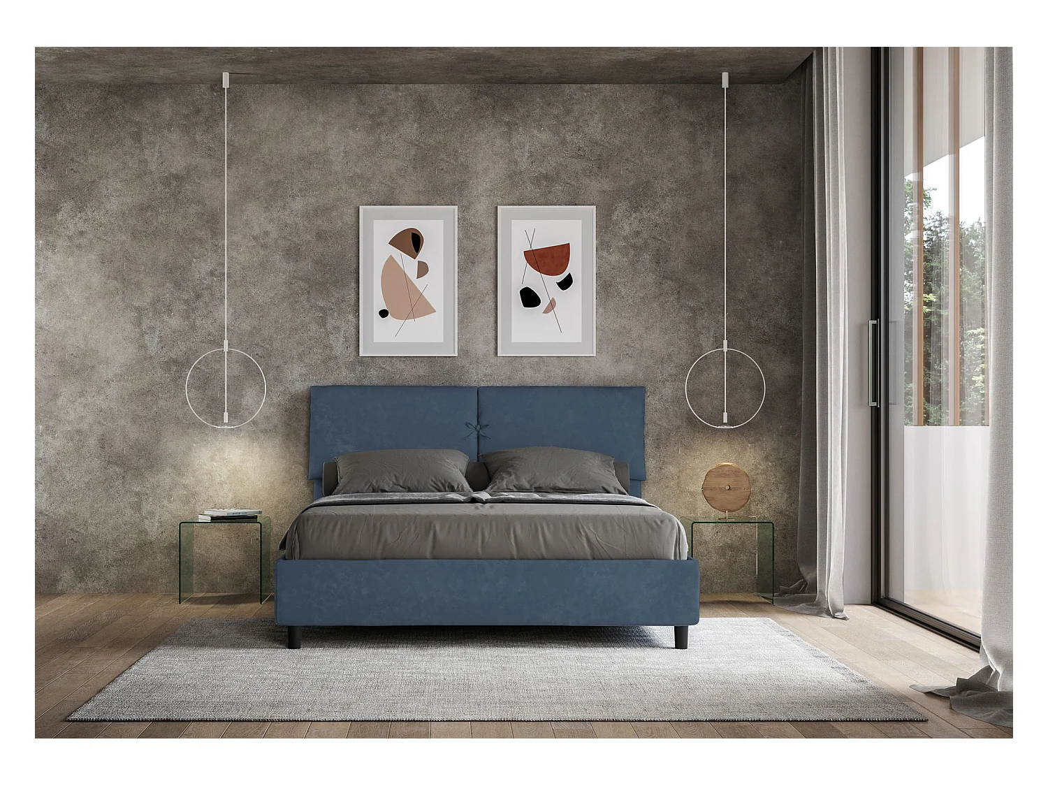 Gepolstertes Stauraumbett 160x190 aus blauer Mados-Mikrofaser