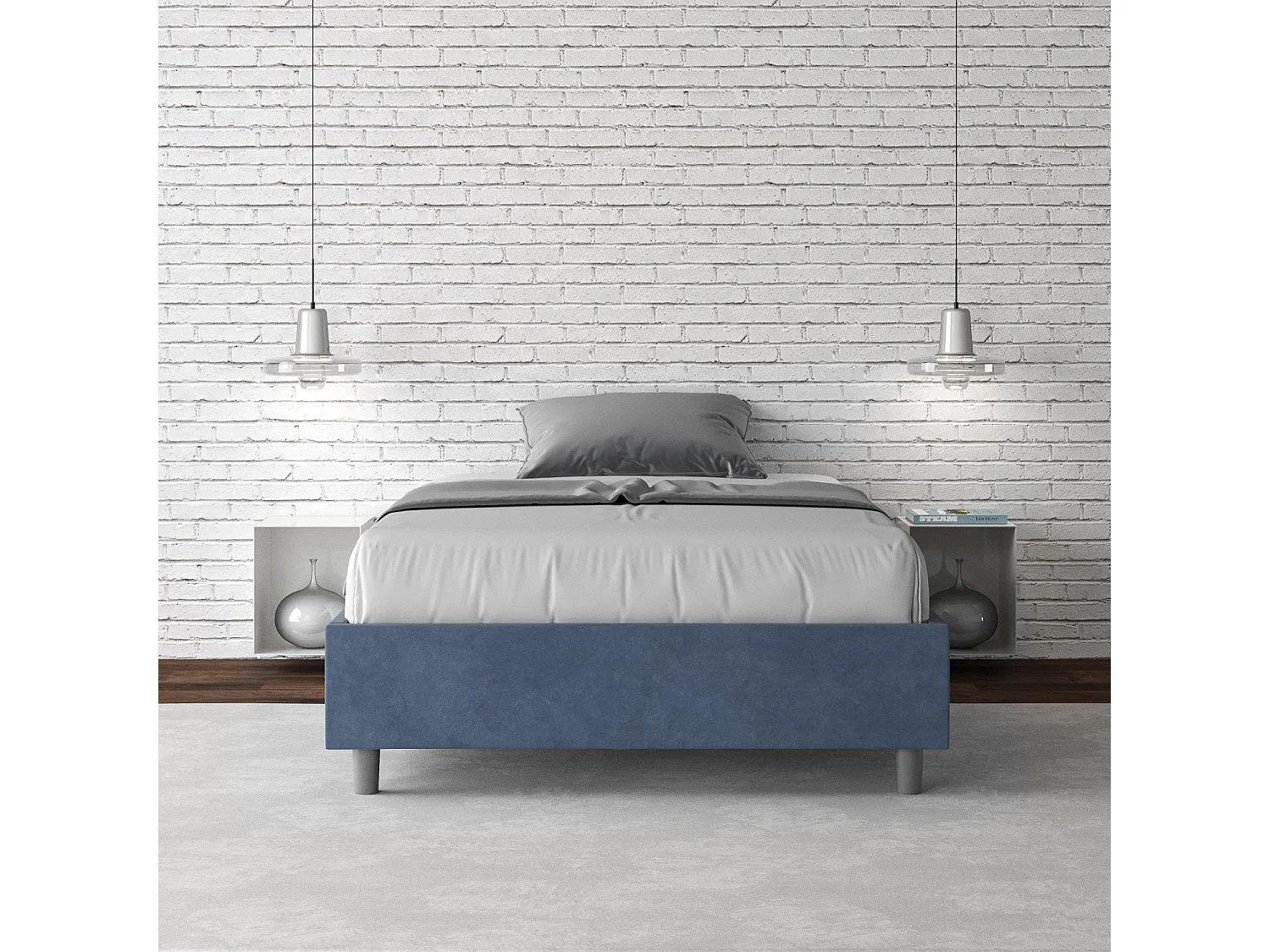 Cadre de lit 1 place et demi coffre rembourré 120x190 microfibre bleu Azelia