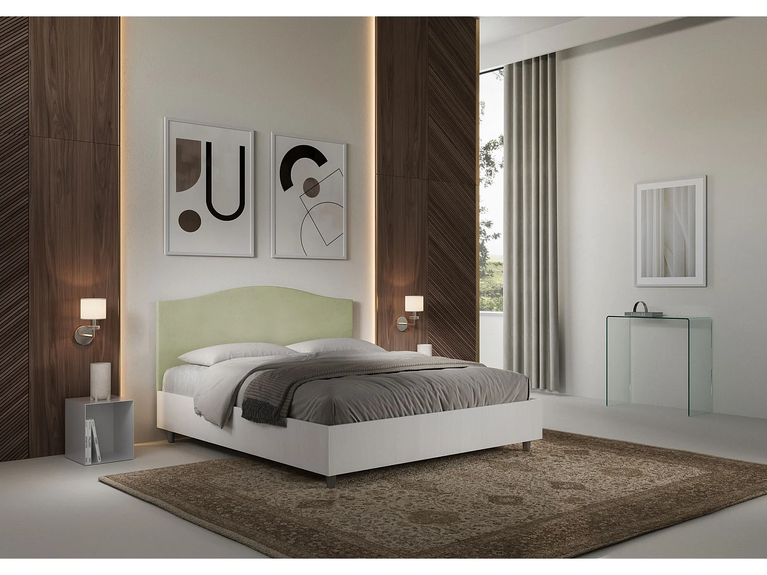 Cama contenedor 160x200 estructura de fresno blanco con cabecero de microfibra Grace verde té