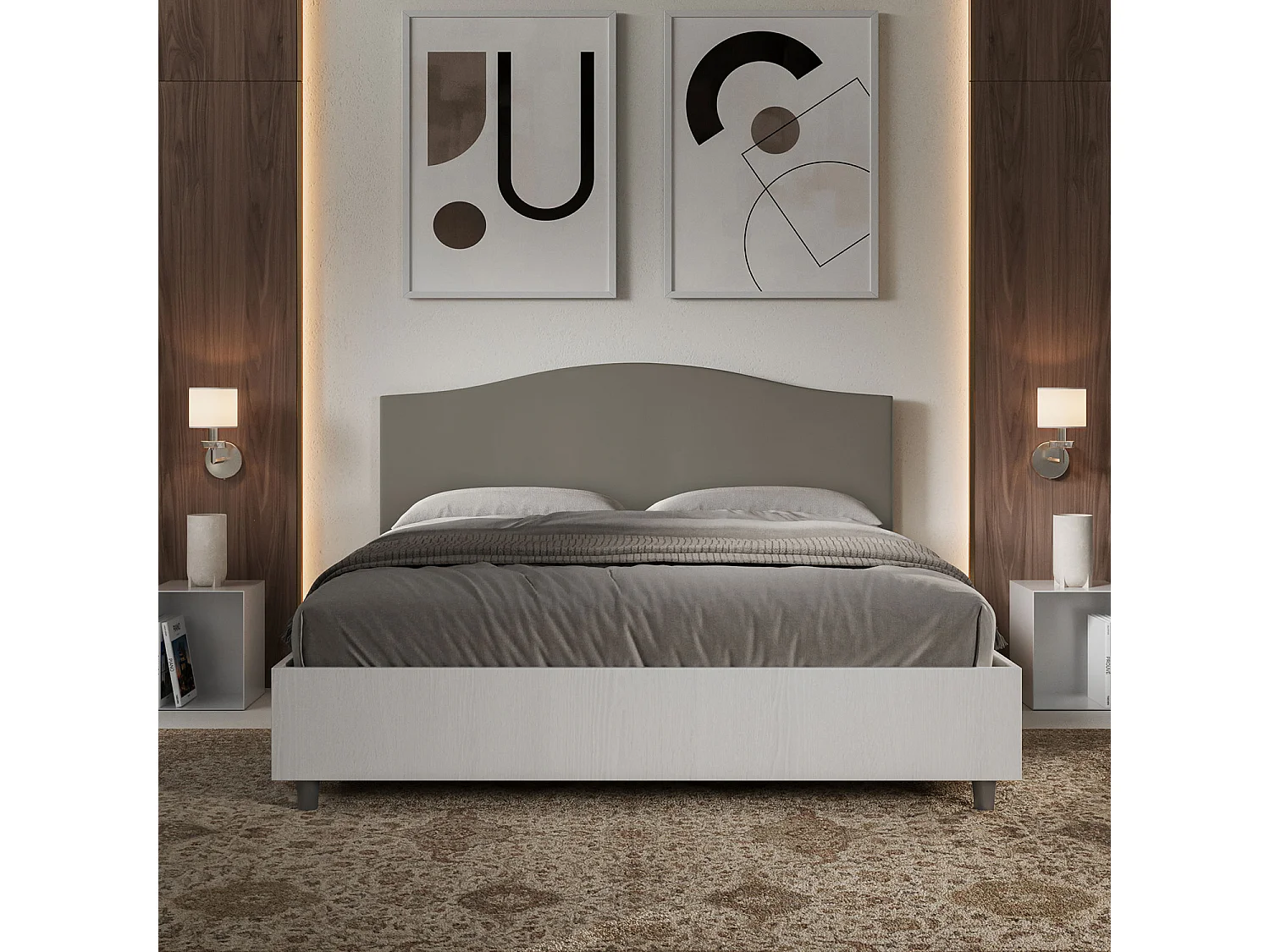 Lit coffre 160x200 structure frêne blanc tête de lit similicuir cappuccino Grace