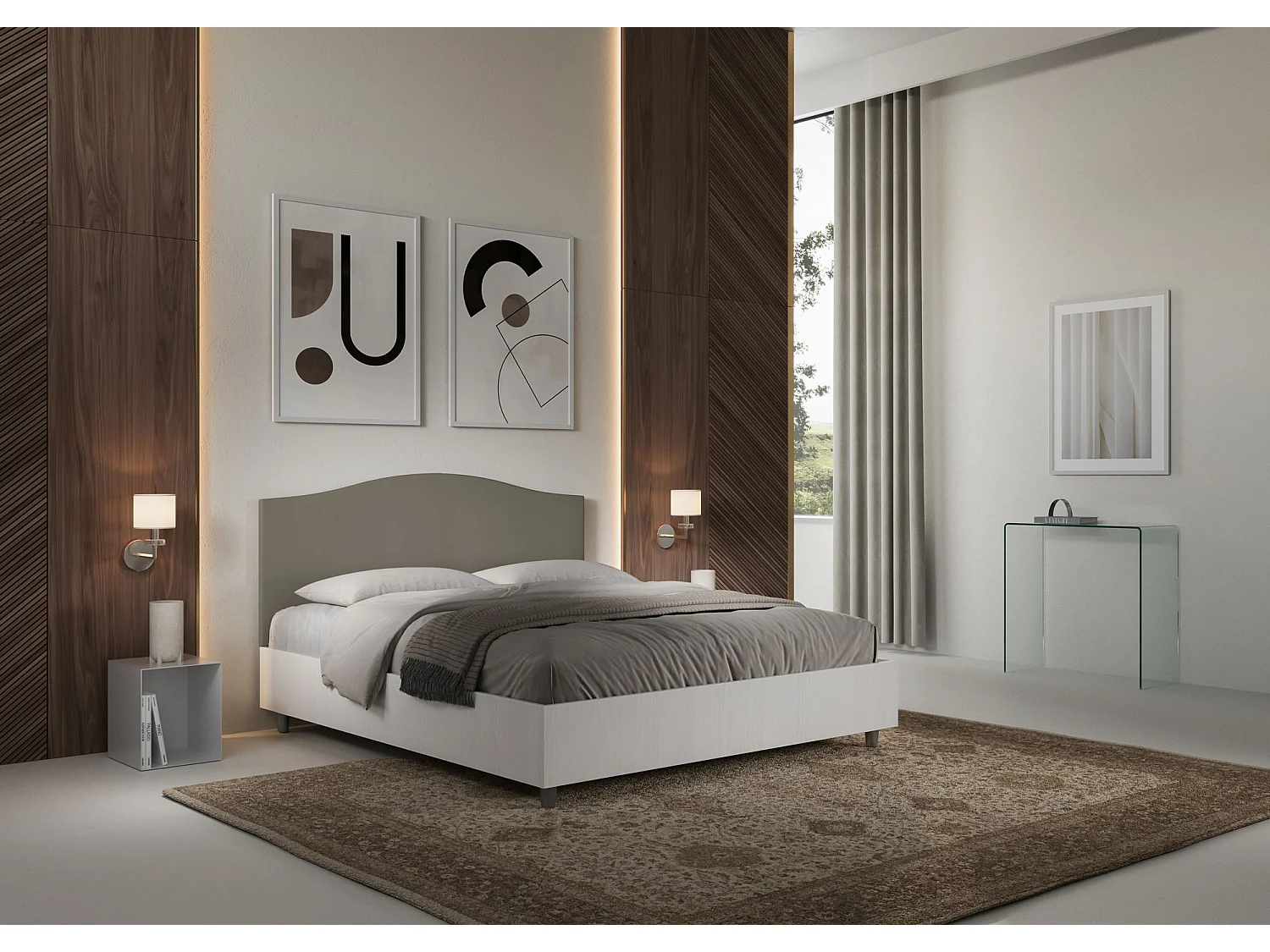 Lit coffre 160x200 structure frêne blanc tête de lit similicuir cappuccino Grace
