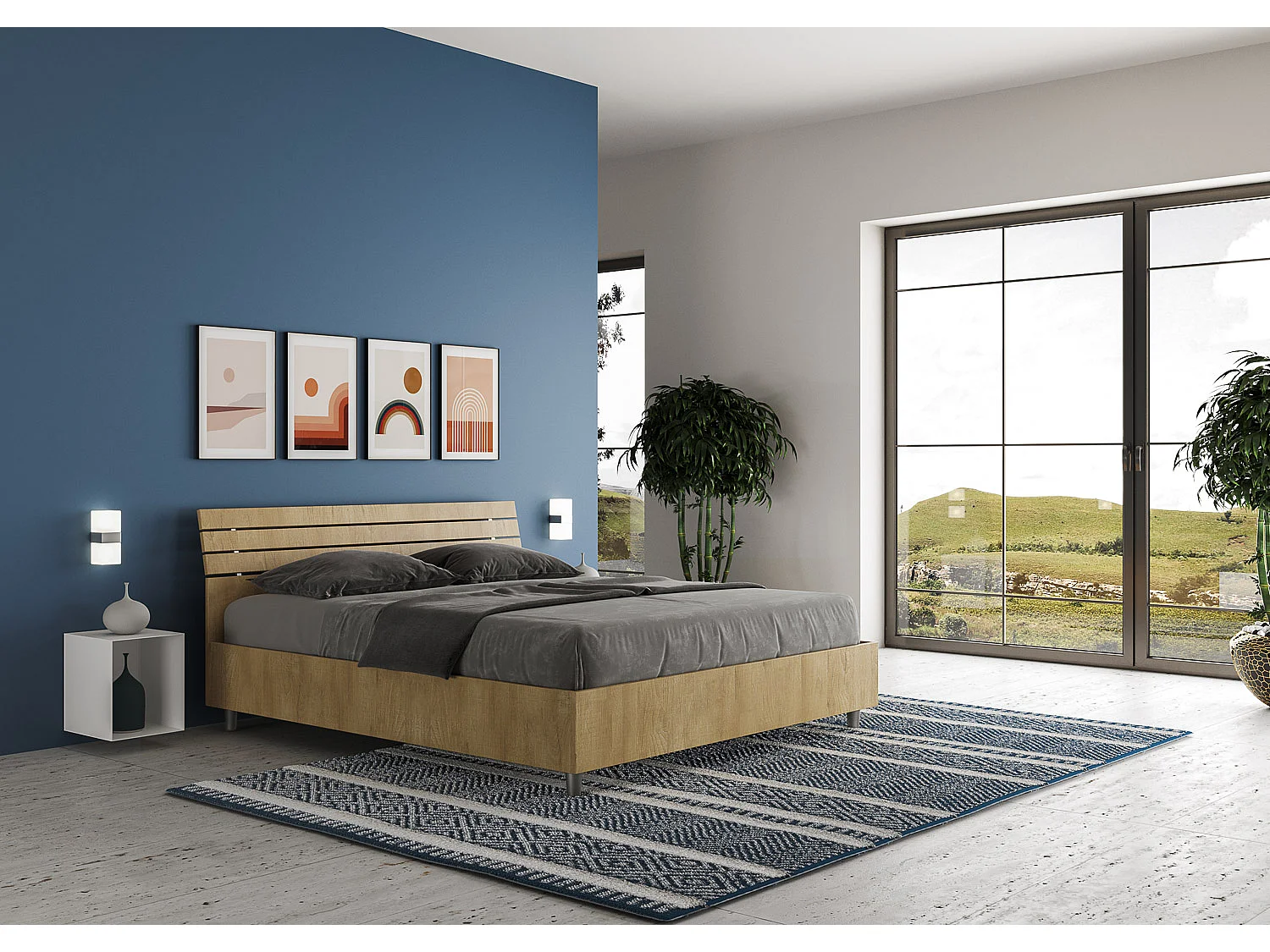 Lit coffre 160x200 tête de lit inclinée avec des lames chêne nature Ankel