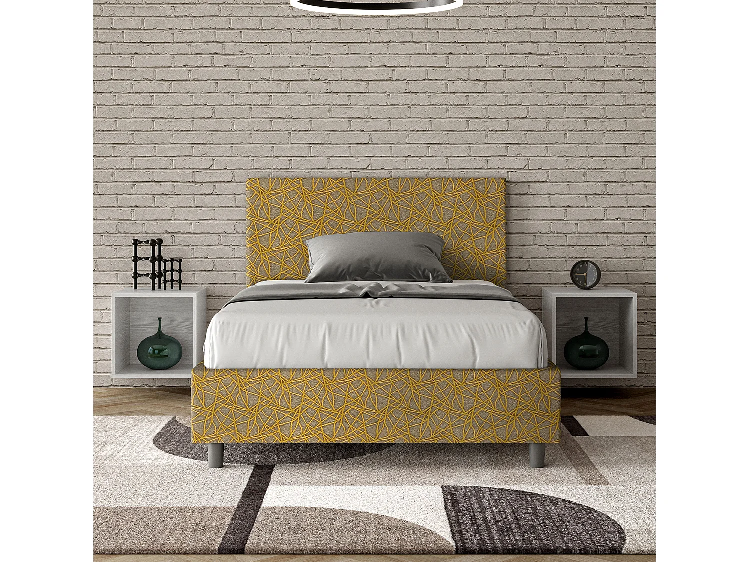 Lit 1 place et demi coffre rembourré 120x210 tissu Era 6 jaune Adele