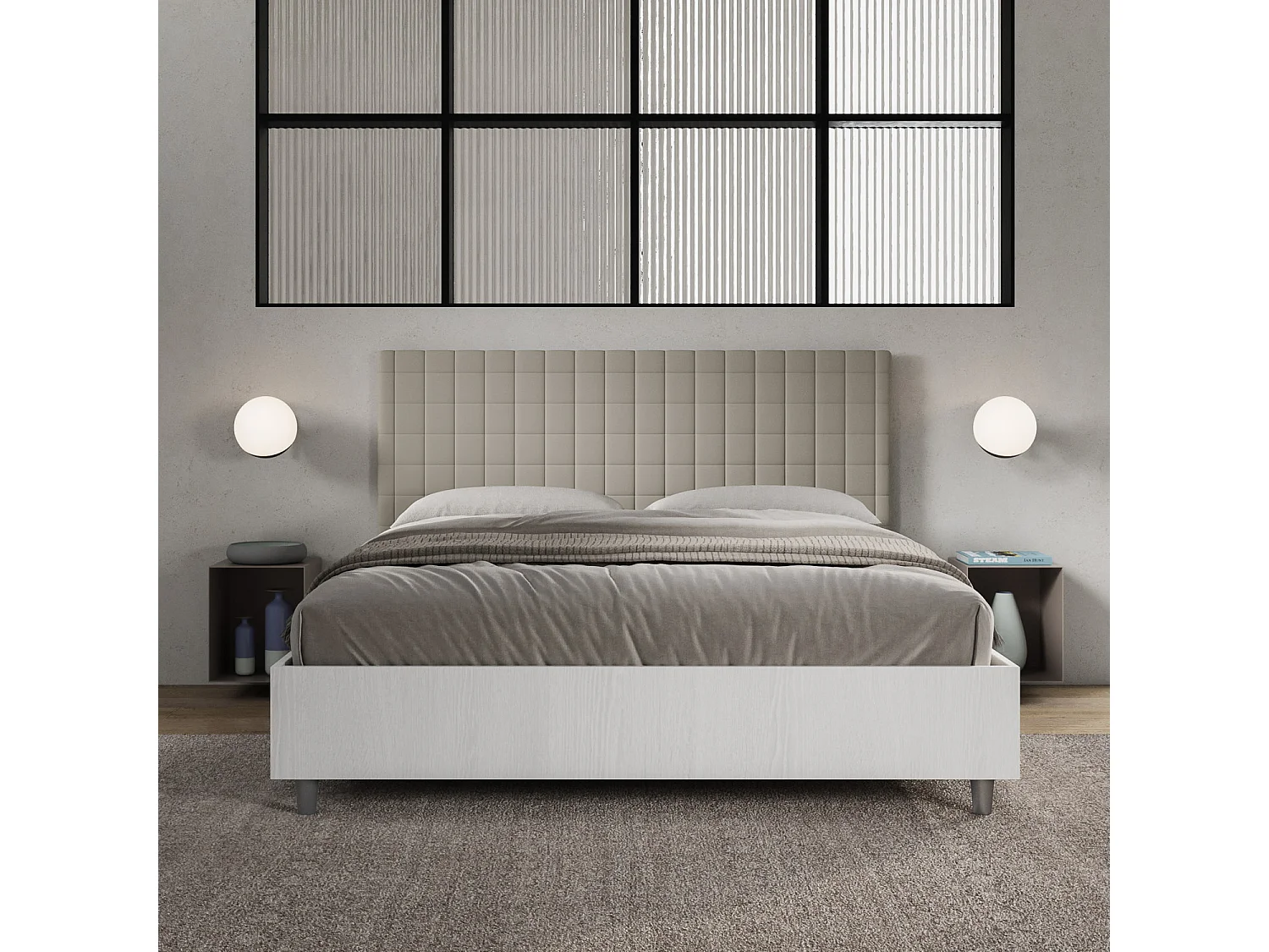 Cama con almacenaje 160x190 estructura fresno blanco cabecero cuero sintético gris paloma Burmy