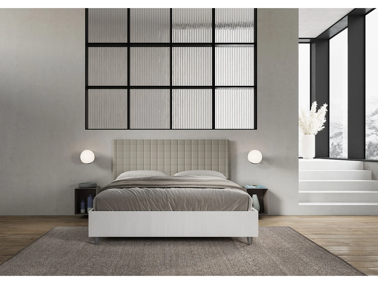 Cama con almacenaje 160x190 estructura fresno blanco cabecero cuero sintético gris paloma Burmy