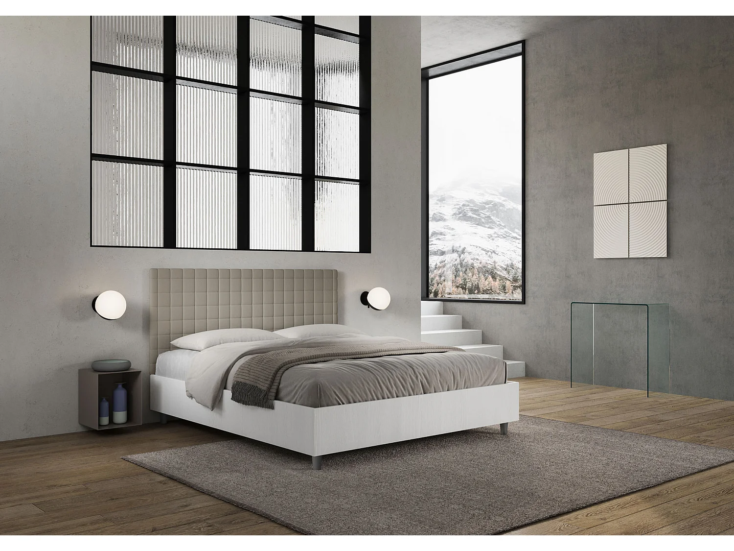 Cama con almacenaje 160x190 estructura fresno blanco cabecero cuero sintético gris paloma Burmy