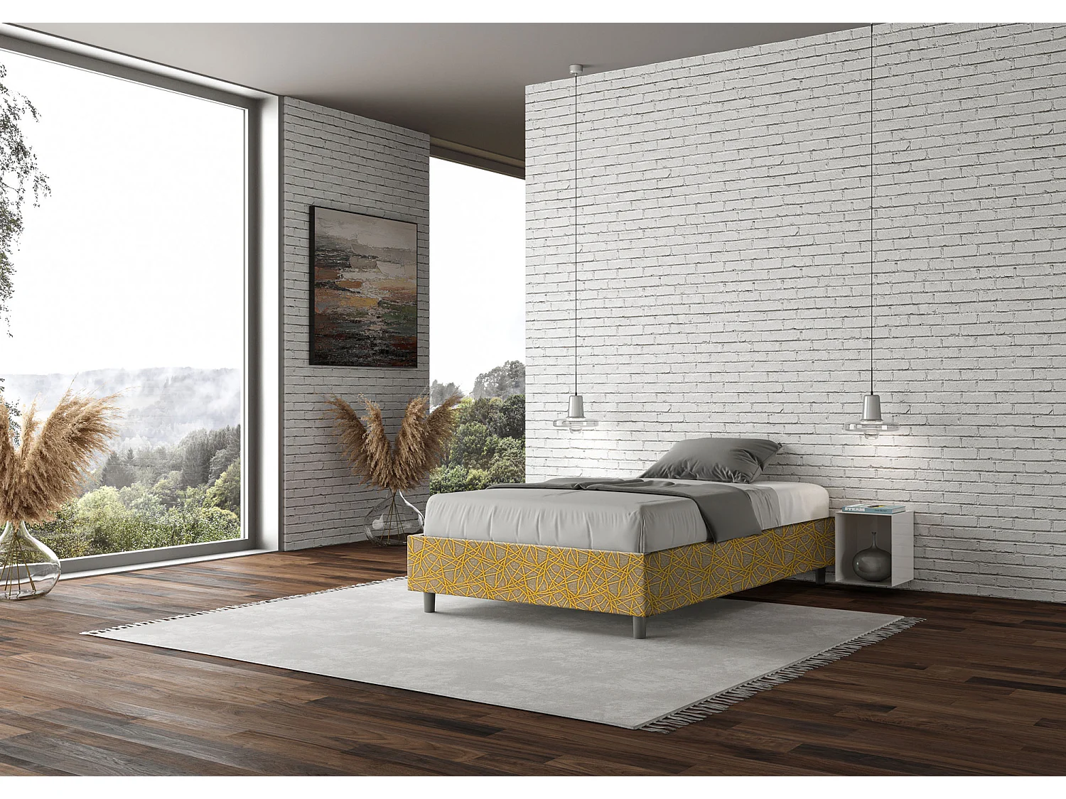 Letto una piazza e mezza contenitore imbottito 120x210 tessuto Era 6 giallo Azelia