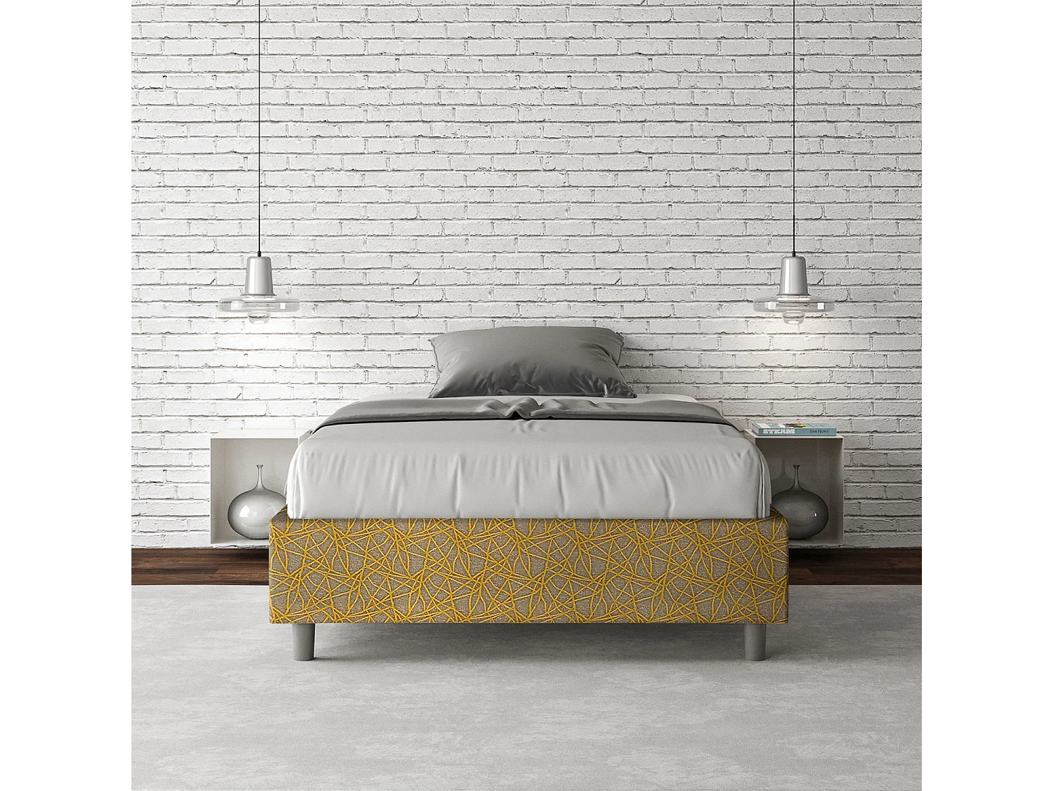 Cama de una plaza y medio con almacenaje acolchada sin cabecero 120x210 tejido Era 6 amarillo Azelia