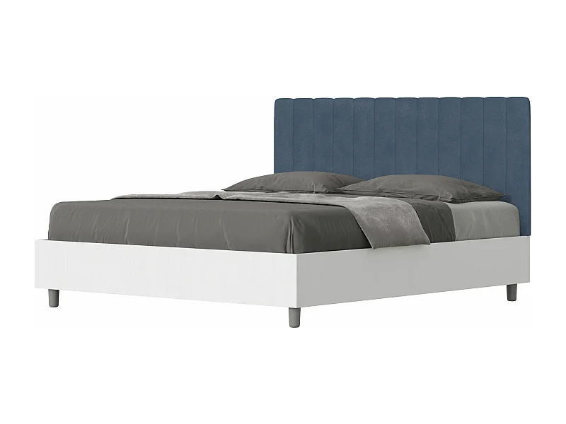 Cama contenedor 160x190 estructura fresno blanco con cabecero melamina/microfibra azul Kaia