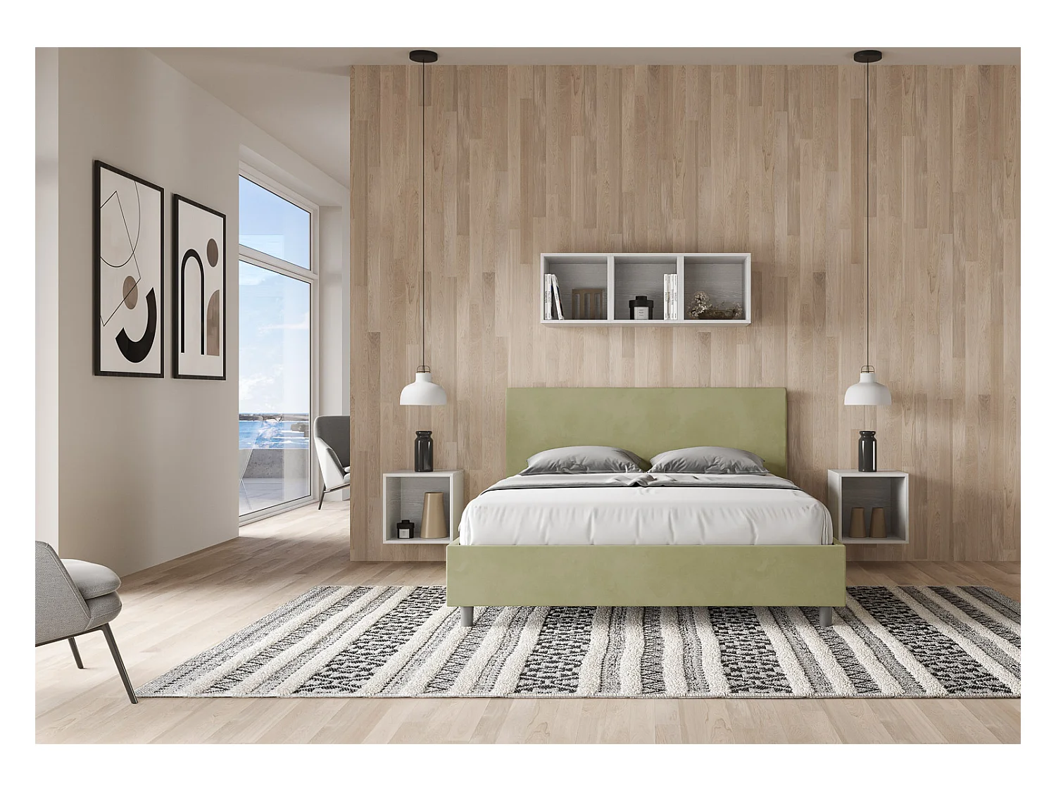 Letto contenitore imbottito 160x190 microfibra tè verde Adele