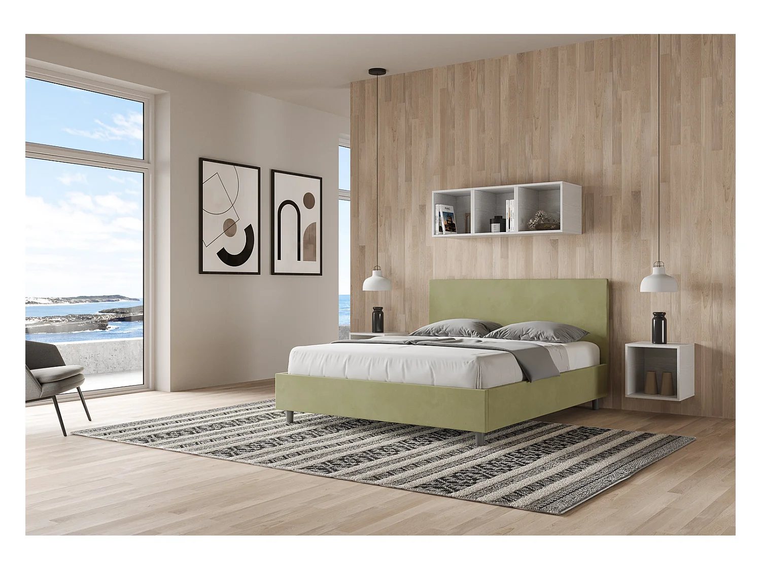 Letto contenitore imbottito 160x190 microfibra tè verde Adele